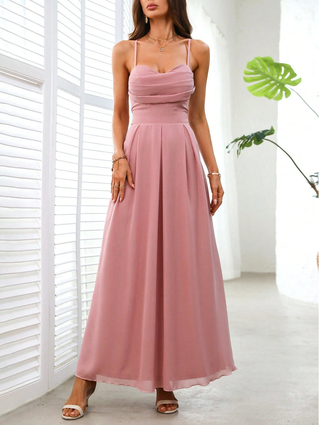 BAE Solid Color Pleated Crossed Tie Back Sleeveless Bridesmaid Dress With Waist Cinched Detail - image 6