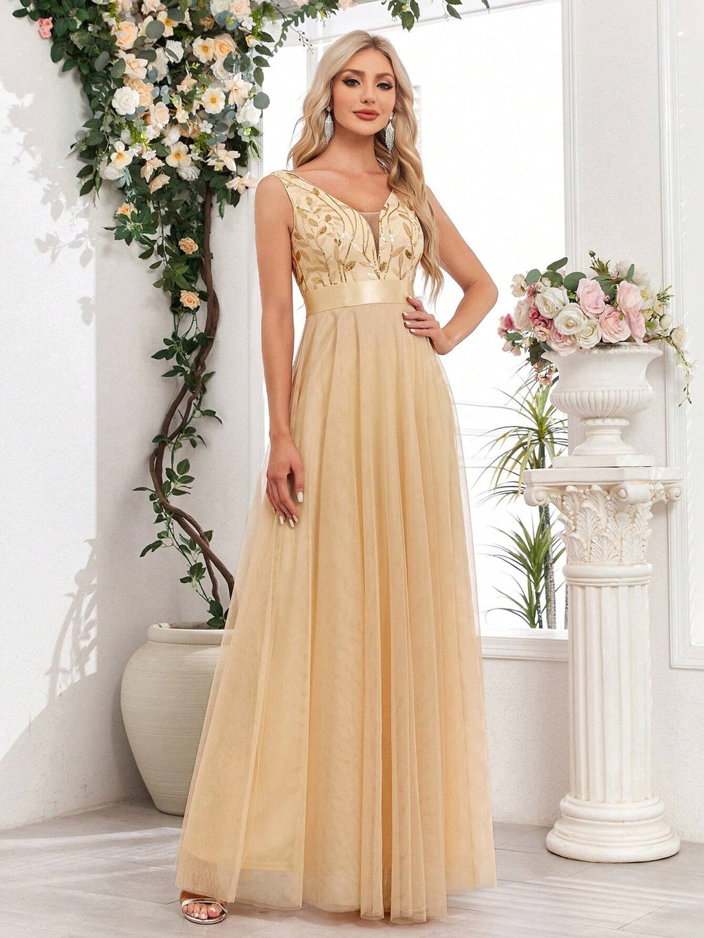 XUCTHHC Elegant Sequin Embroidered Mesh V-Neck Sleeveless A-Line Evening Gown, Suitable For Prom, Party, - image 11
