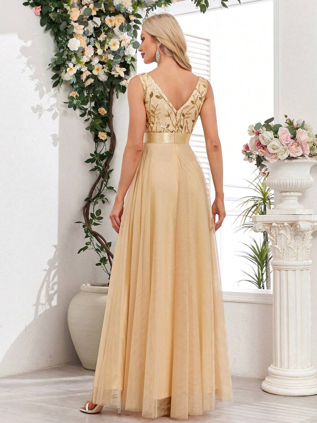 Sleeveless V-Neck Mesh& Embroidered Sequins A-Line Bridesmaid Dresses,Elegant Prom Dresses,Wedding Guest - image 2
