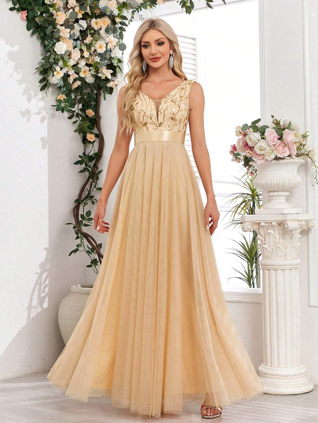 XUCTHHC Elegant Sequin Embroidered Mesh V-Neck Sleeveless A-Line Evening Gown, Suitable For Prom, Party, - image 14