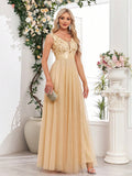 Sleeveless V-Neck Mesh& Embroidered Sequins A-Line Bridesmaid Dresses,Elegant Prom Dresses,Wedding Guest