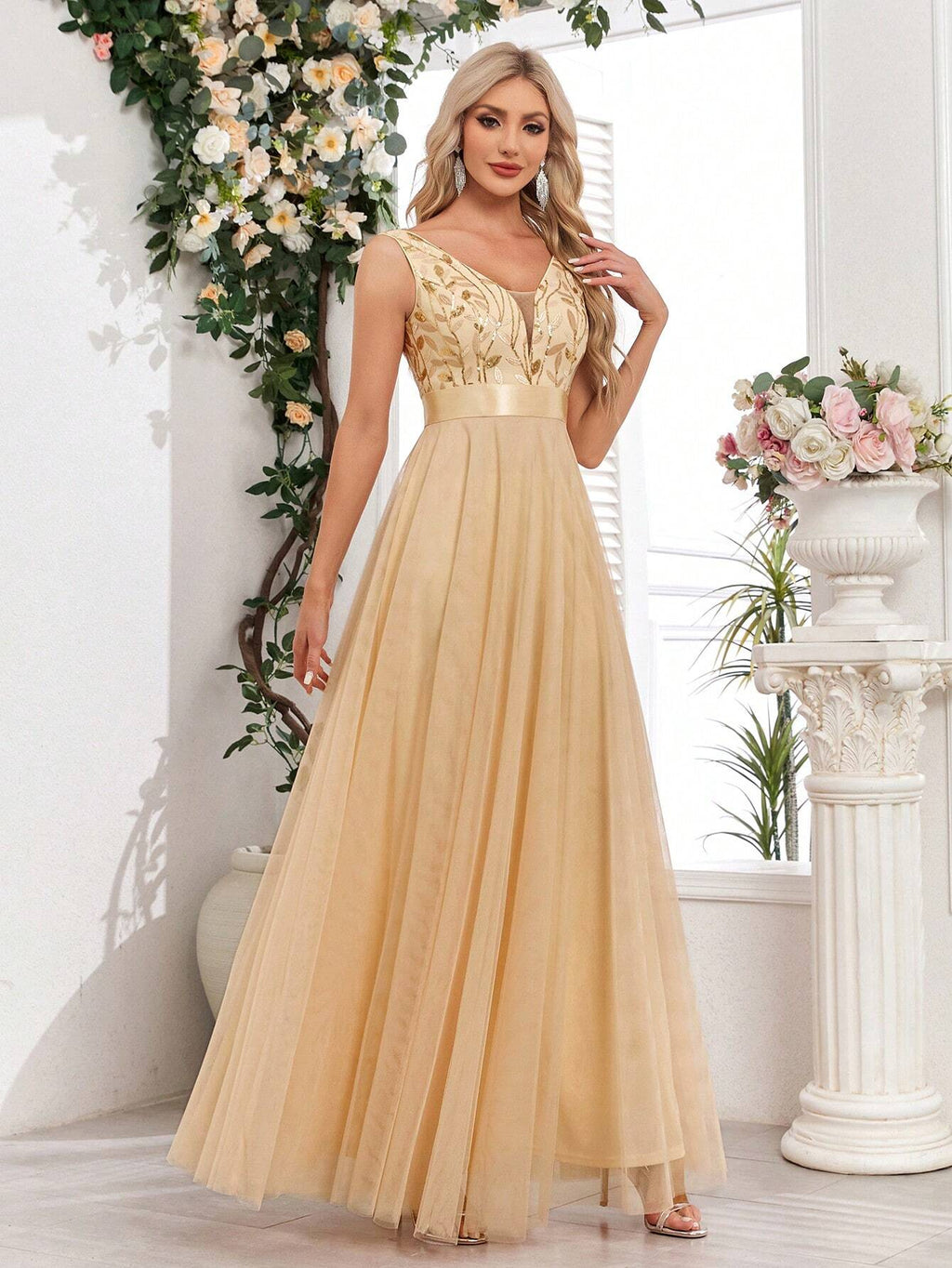 Sleeveless V-Neck Mesh& Embroidered Sequins A-Line Bridesmaid Dresses,Elegant Prom Dresses,Wedding Guest - image 6