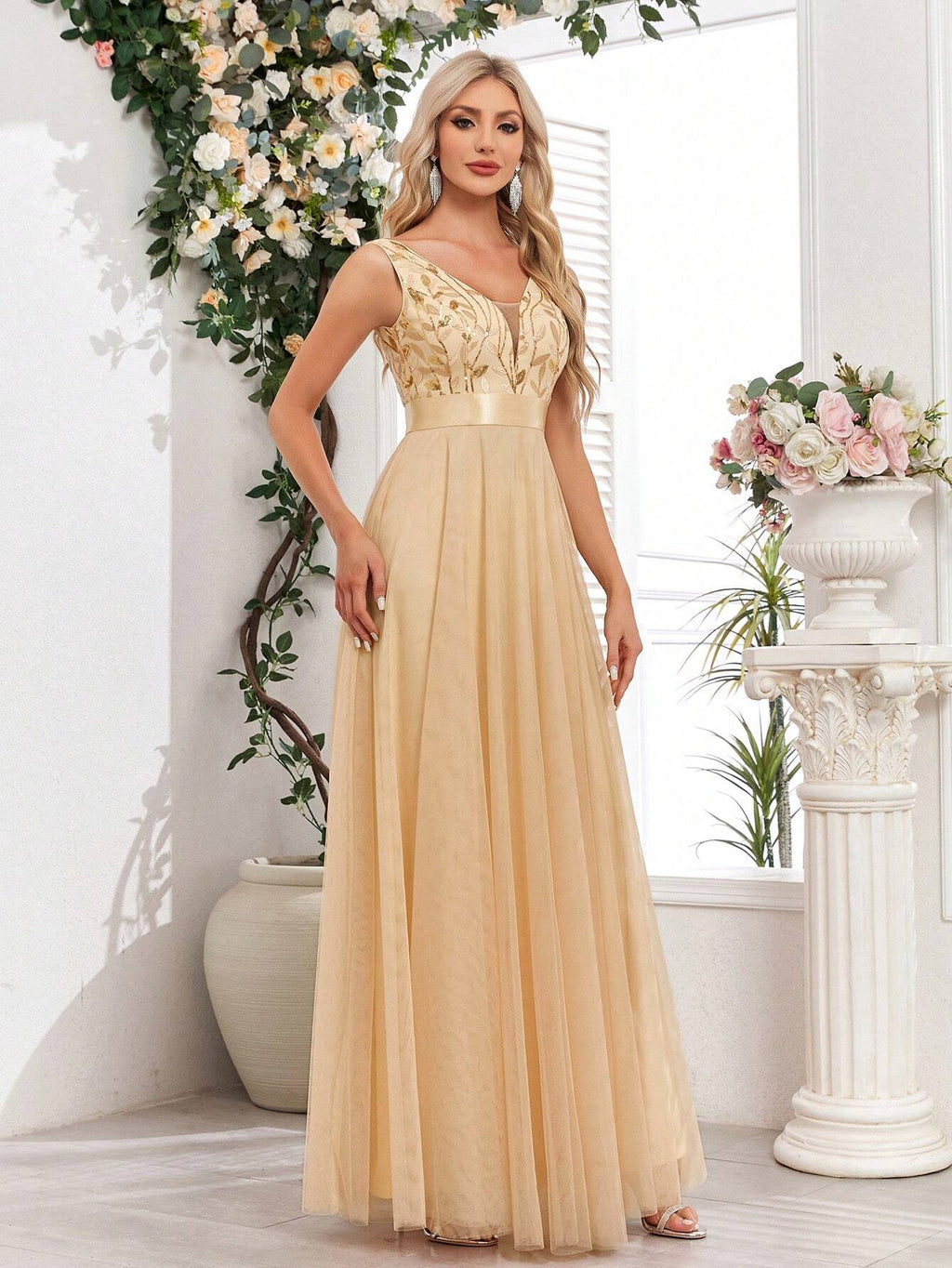 Sleeveless V-Neck Mesh& Embroidered Sequins A-Line Bridesmaid Dresses,Elegant Prom Dresses,Wedding Guest - image 7