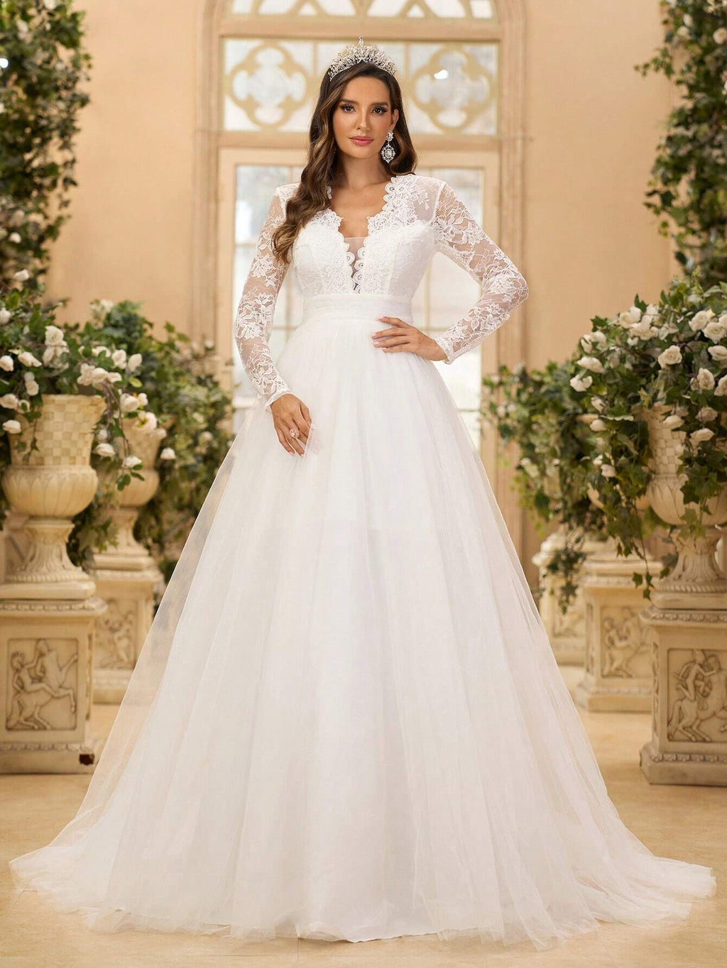 Glamrae Elegant White Summer Wedding Dress,V-Neck Long Sleeve French Lace & Tulle Backless Bridal - image 2
