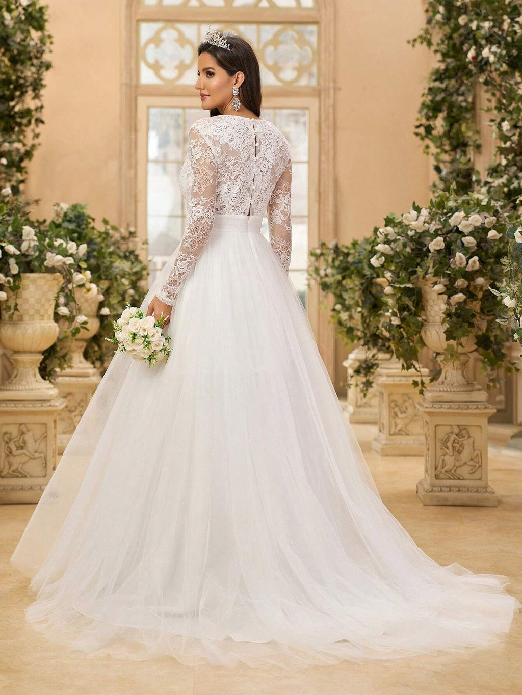 Glamrae Elegant White Summer Wedding Dress,V-Neck Long Sleeve French Lace & Tulle Backless Bridal - image 3