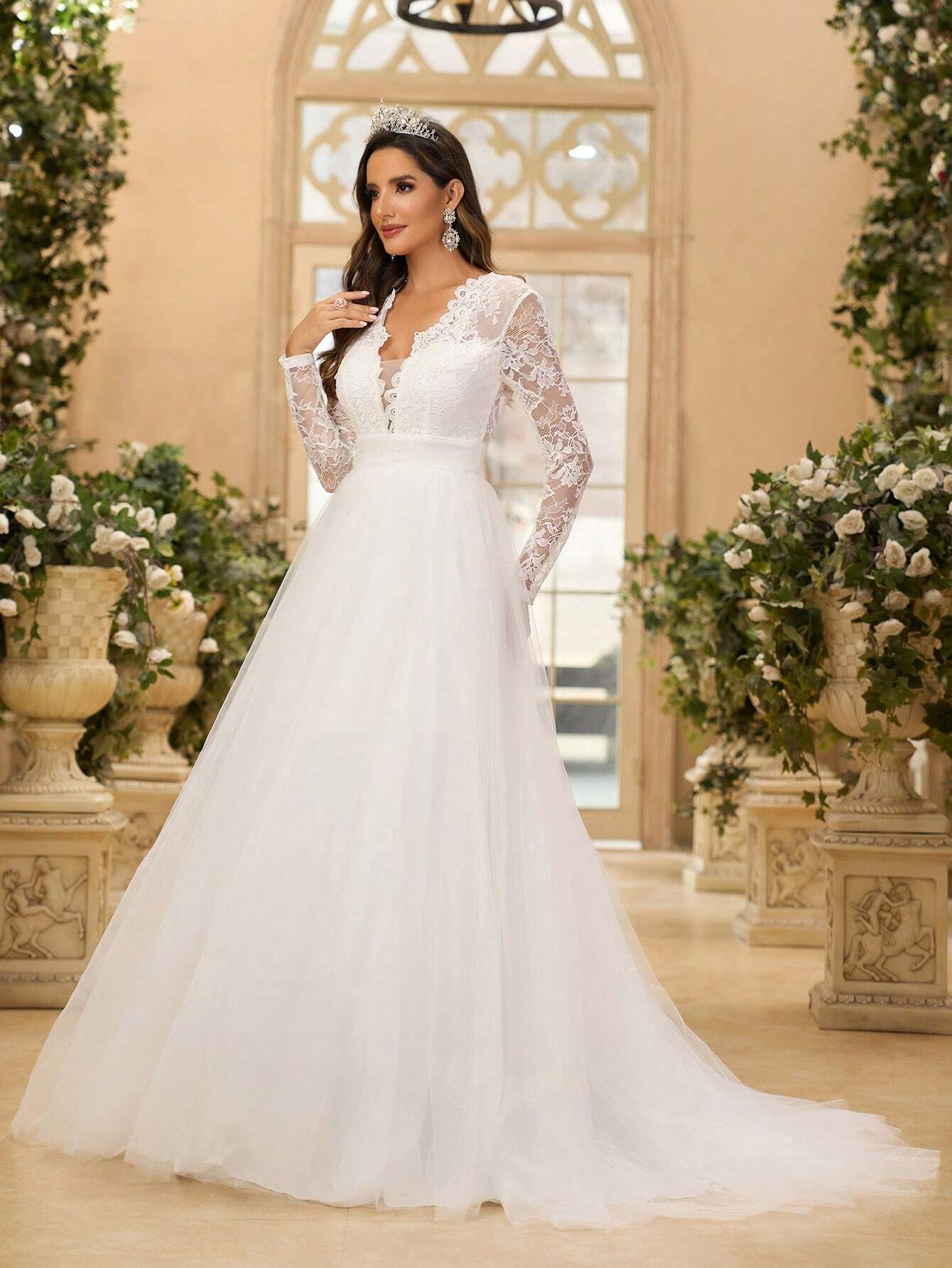 Glamrae Elegant White Summer Wedding Dress,V-Neck Long Sleeve French Lace & Tulle Backless Bridal - image 5