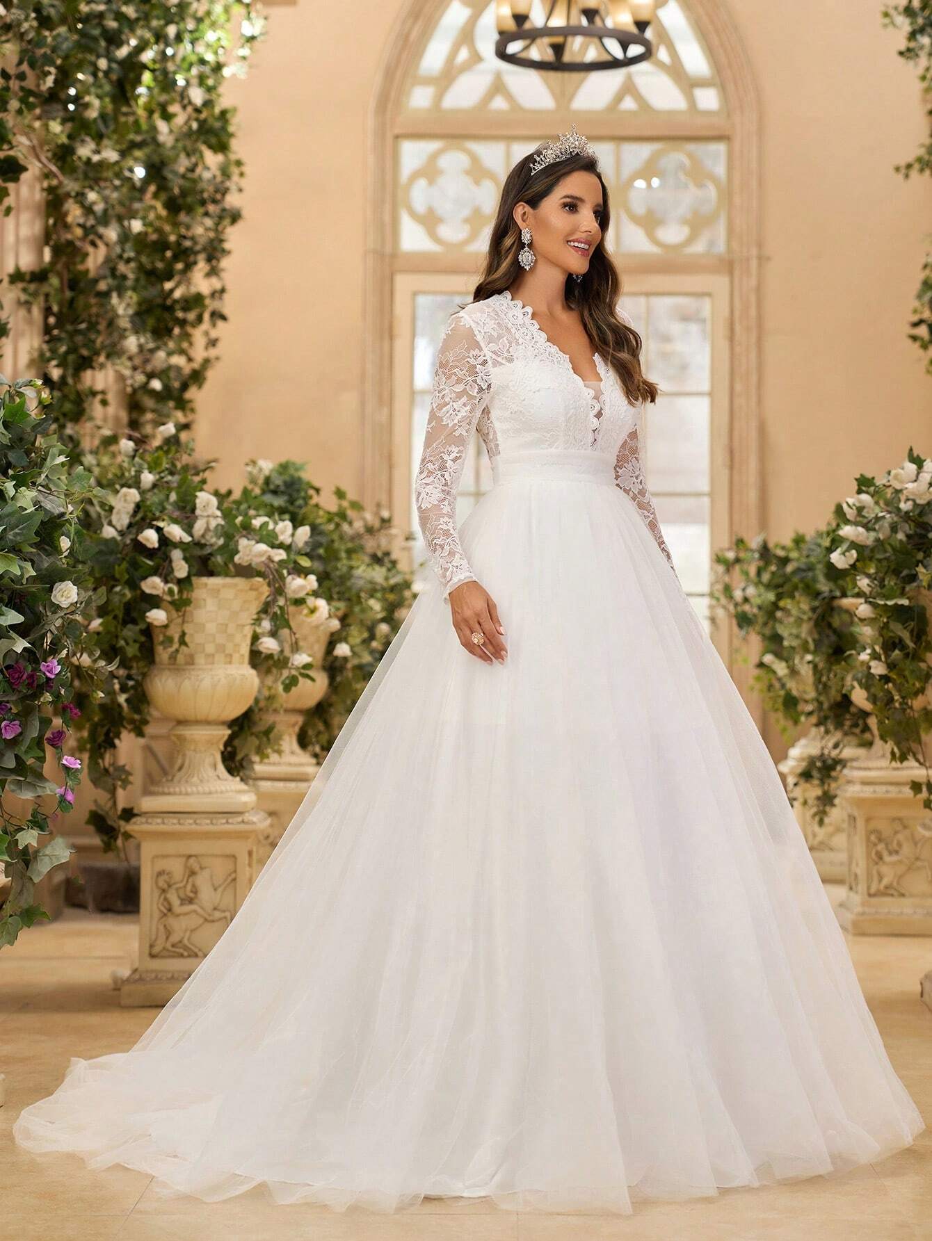 Glamrae Elegant White Summer Wedding Dress,V-Neck Long Sleeve French Lace & Tulle Backless Bridal - image 7