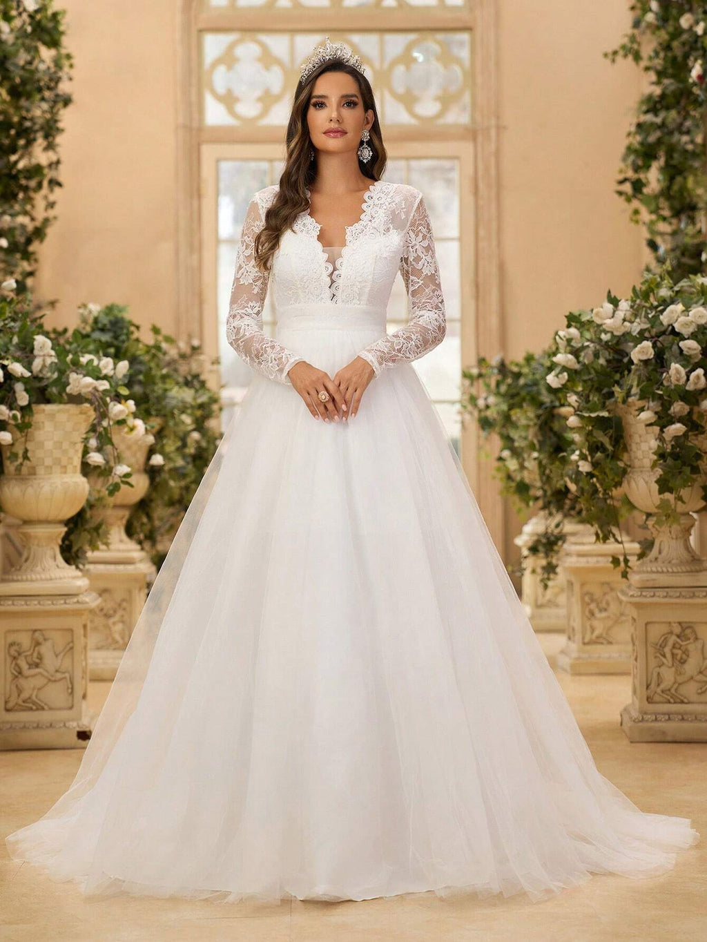 Glamrae Elegant White Summer Wedding Dress,V-Neck Long Sleeve French Lace & Tulle Backless Bridal - image 4