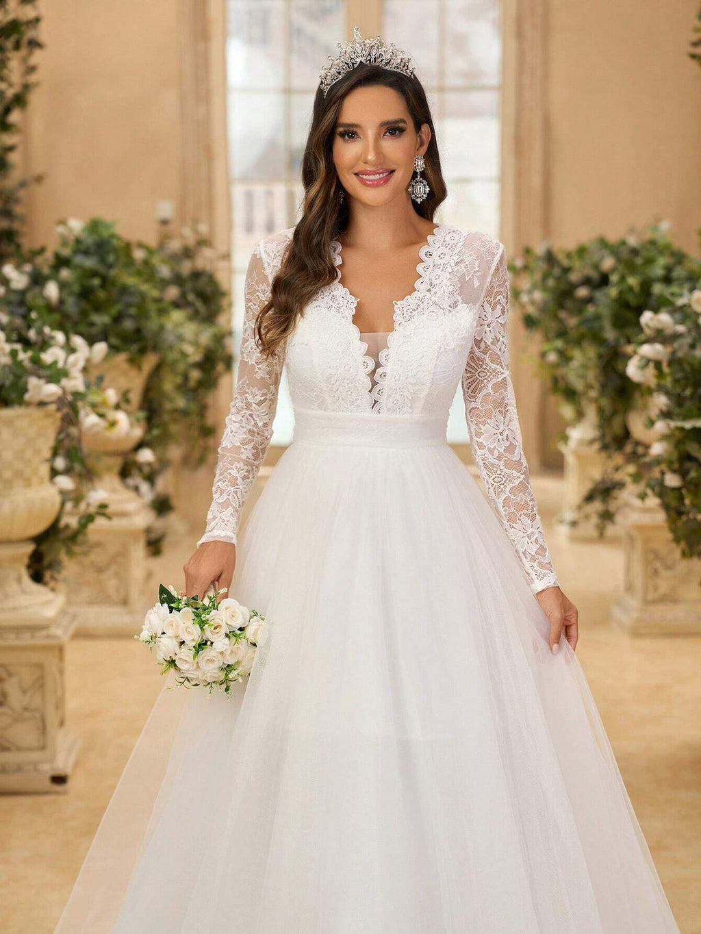 Glamrae Elegant White Summer Wedding Dress,V-Neck Long Sleeve French Lace & Tulle Backless Bridal - image 6