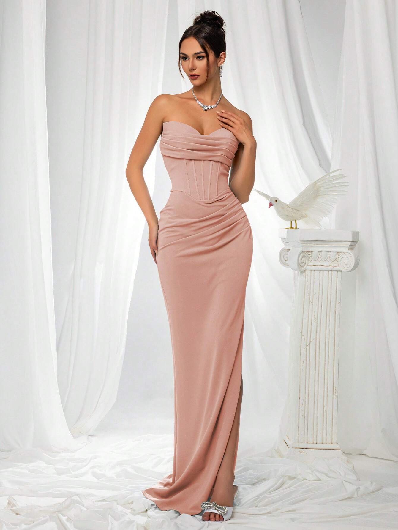 VIPGIRL Elegant Bridesmaid Dress: Strapless Fitted Satin Dress, Paired With Waist-Cinching Top And Draped - image 20