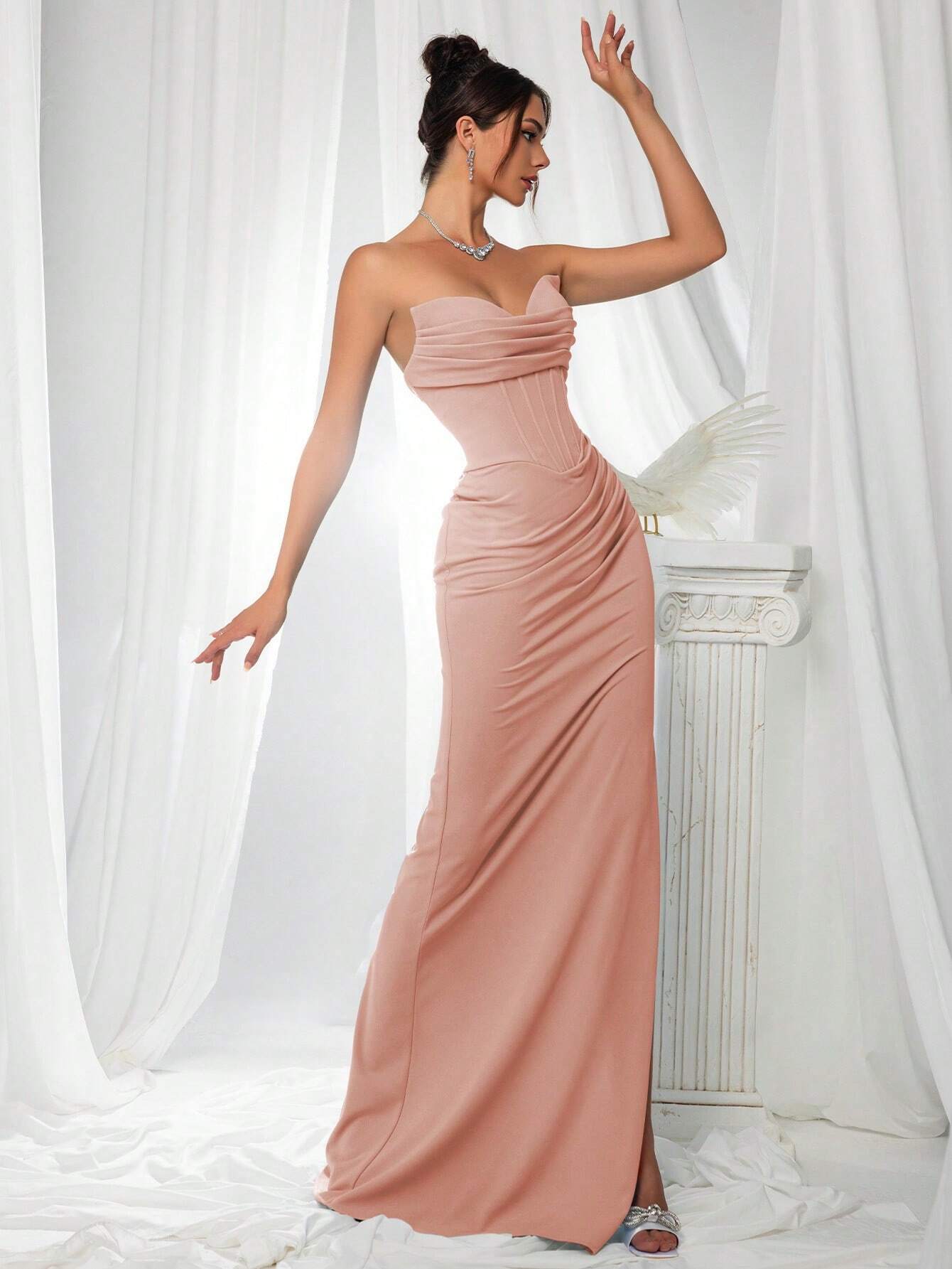 VIPGIRL Elegant Bridesmaid Dress: Strapless Fitted Satin Dress,