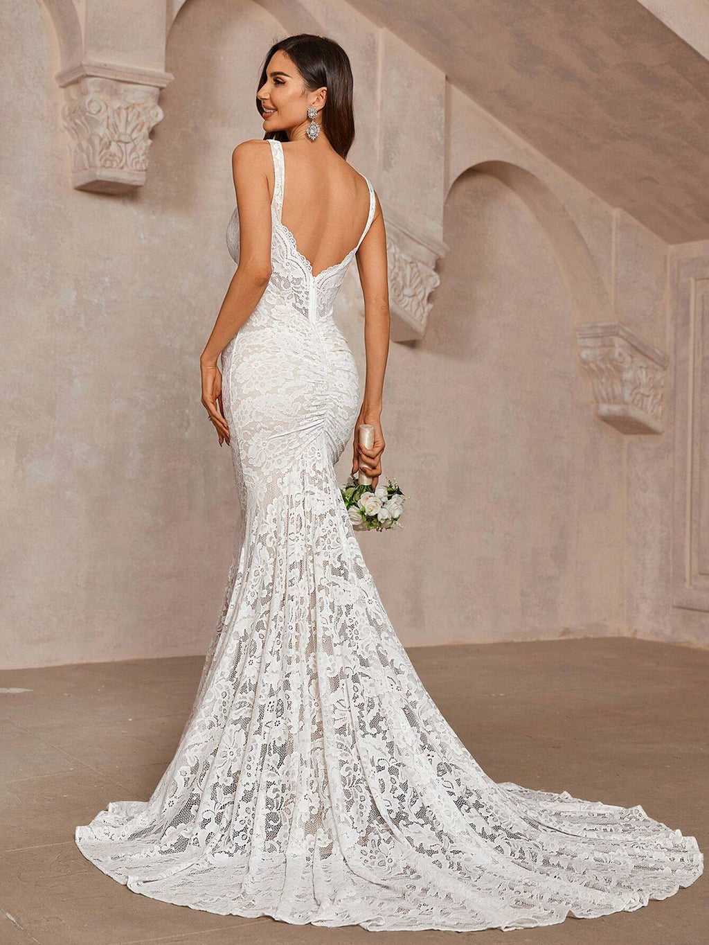 Belle White Summer Elegant Wedding Dress,Gorgeous Champagne V-Neck Scalloped Stretch Lace Backless Mermaid