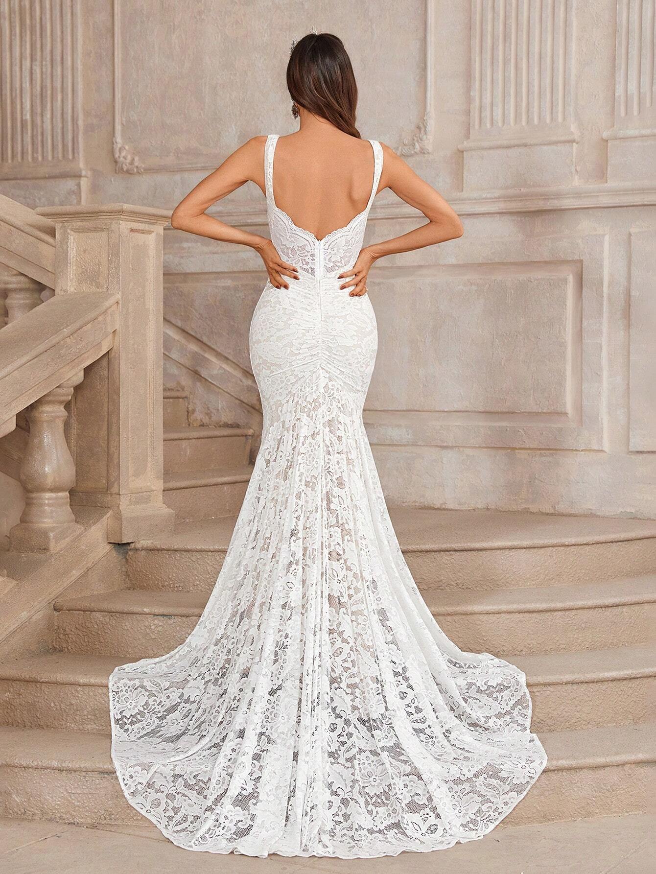 Belle White Summer Elegant Wedding Dress,Gorgeous Champagne V-Neck Scalloped Stretch Lace Backless Mermaid - image 2