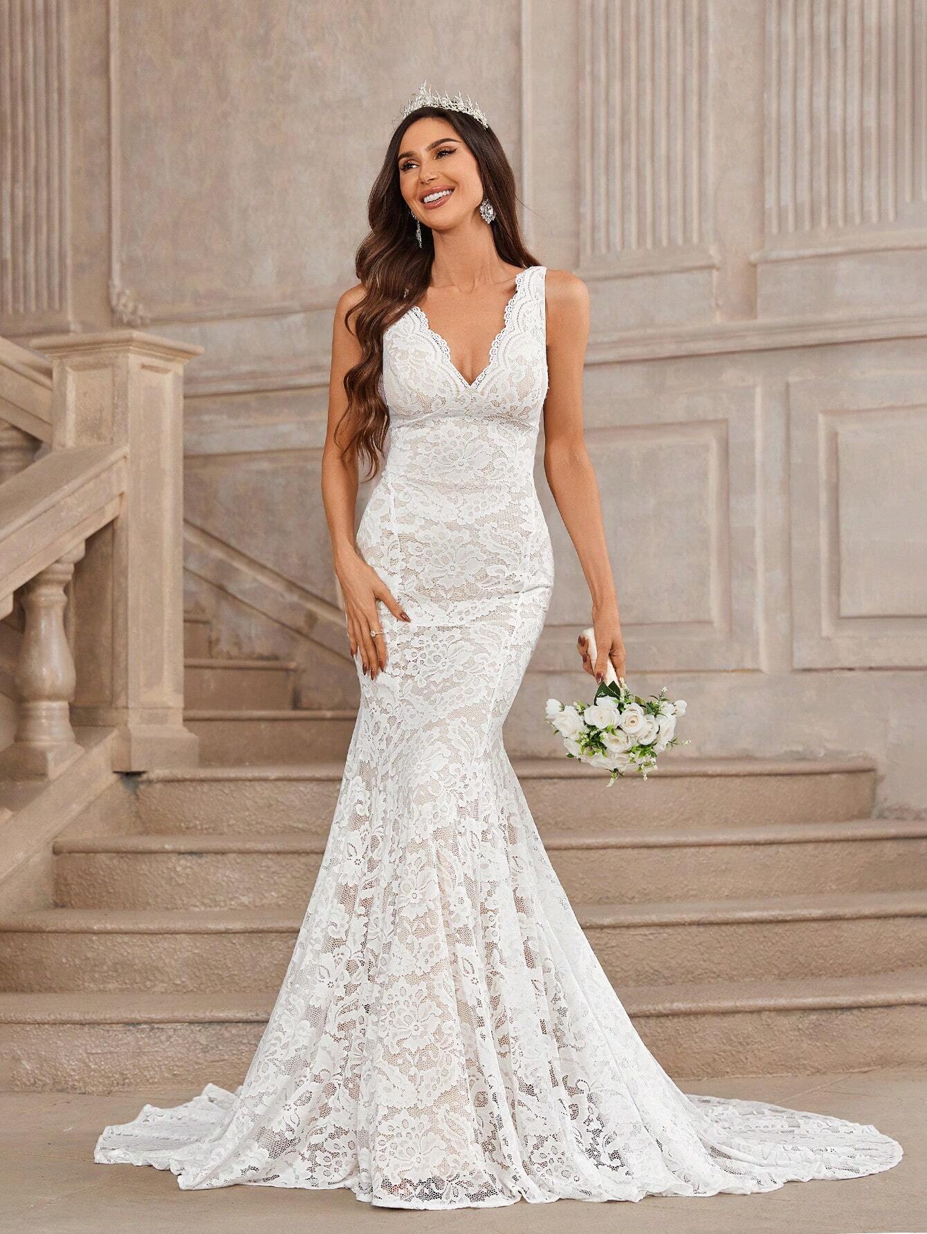 Belle White Summer Elegant Wedding Dress,Gorgeous Champagne V-Neck Scalloped Stretch Lace Backless Mermaid - image 3