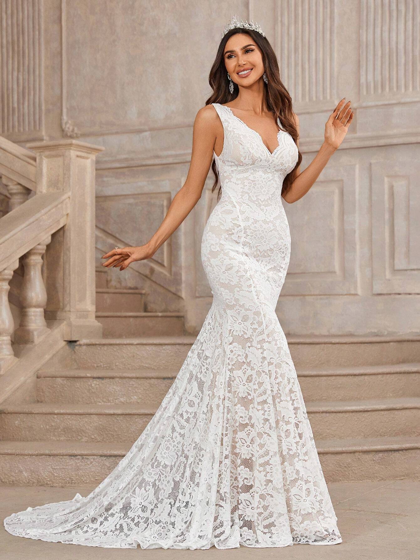 Belle White Summer Elegant Wedding Dress,Gorgeous Champagne V-Neck Scalloped Stretch Lace Backless Mermaid - image 5