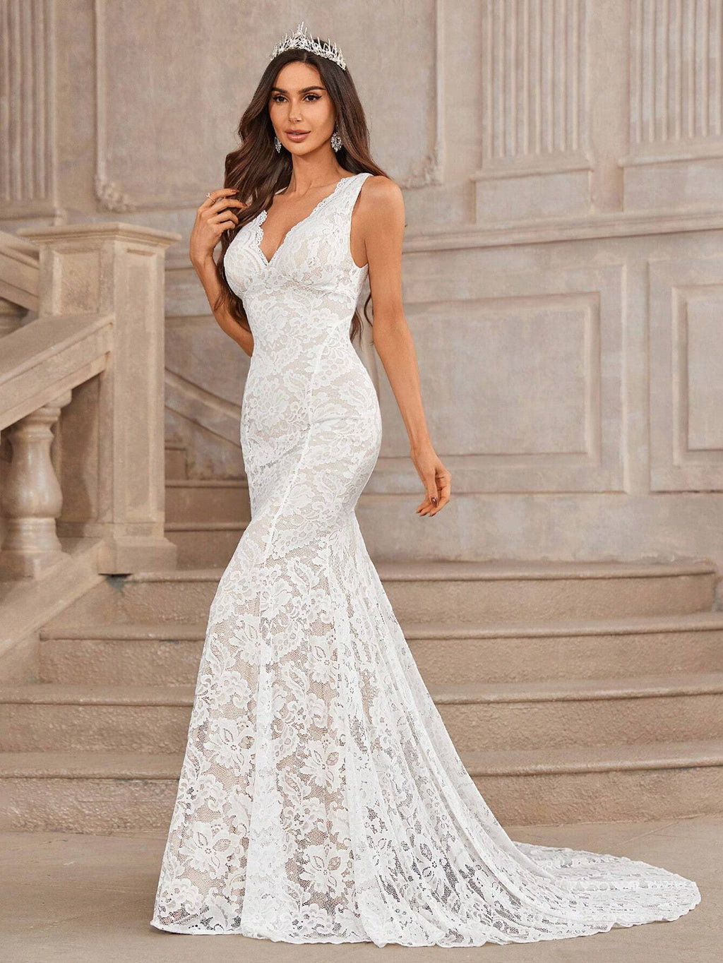 Belle White Summer Elegant Wedding Dress,Gorgeous Champagne V-Neck Scalloped Stretch Lace Backless Mermaid - image 6