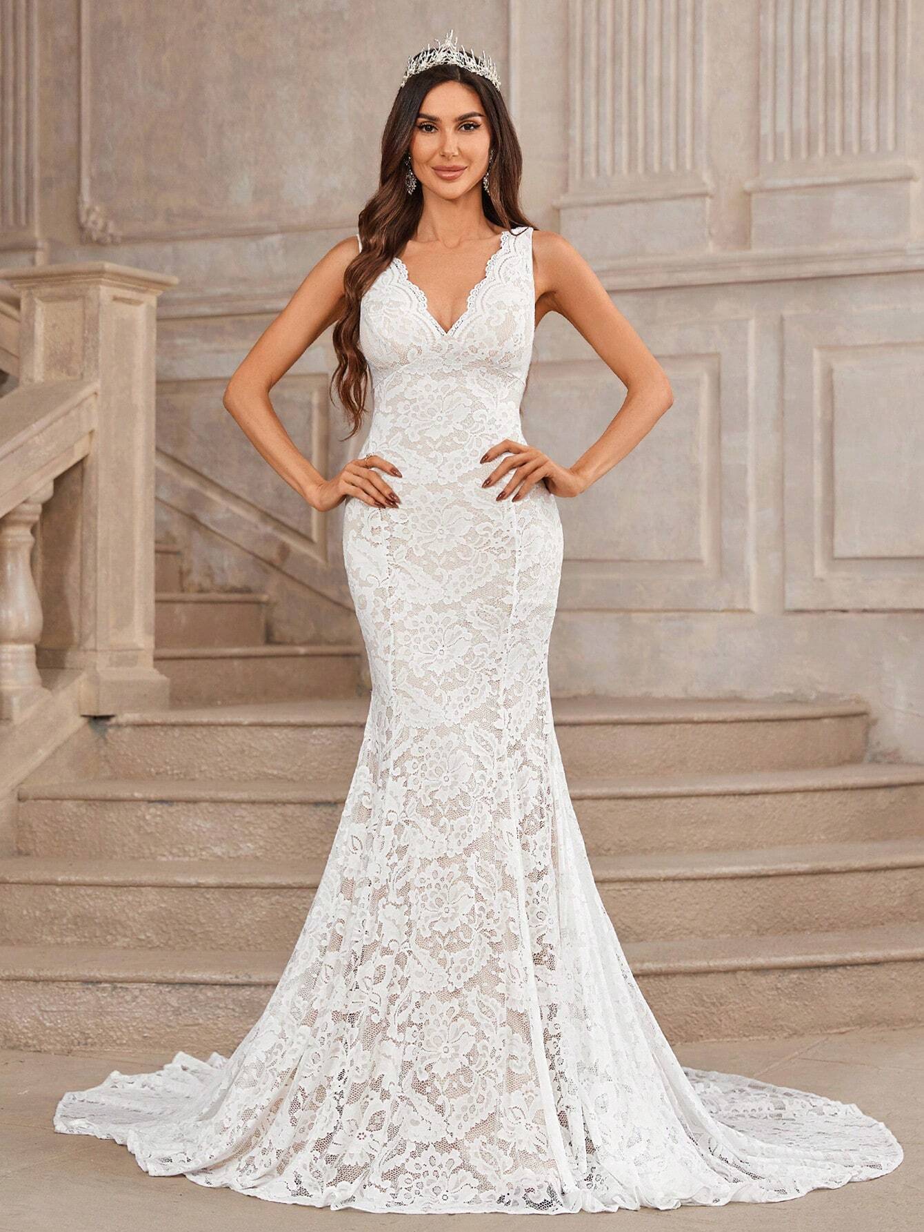 Belle White Summer Elegant Wedding Dress,Gorgeous Champagne V-Neck Scalloped Stretch Lace Backless Mermaid - image 7