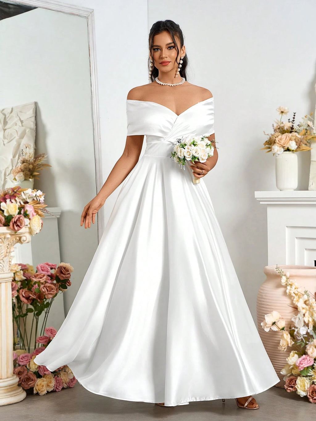 Belle Elegant Open Shoulder Satin A-Line Wedding Dress White Bridal Dress For Holiday Party Clothes