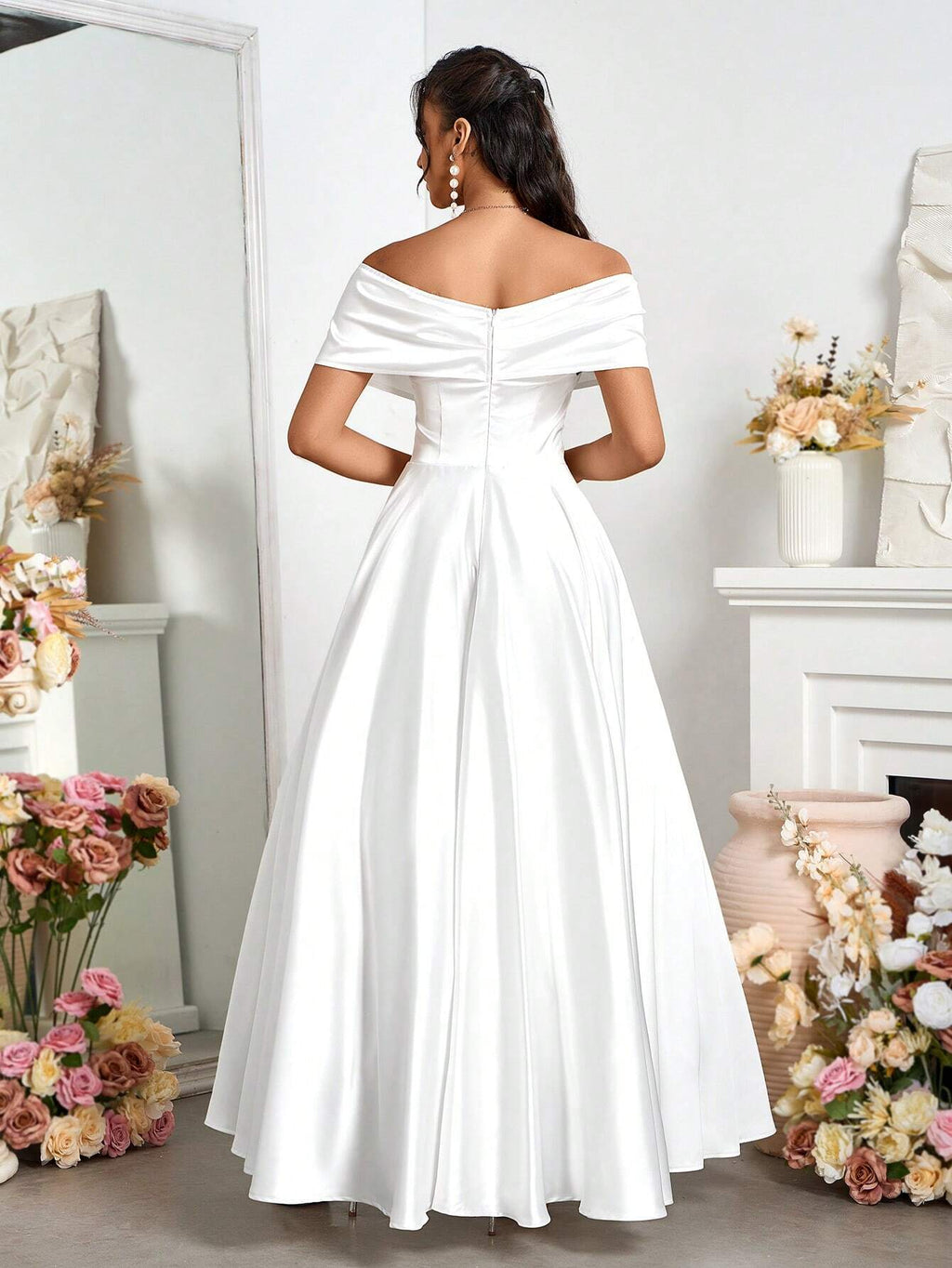 Belle Elegant Open Shoulder Satin A-Line Wedding Dress White Bridal Dress For Holiday Party Clothes - image 2