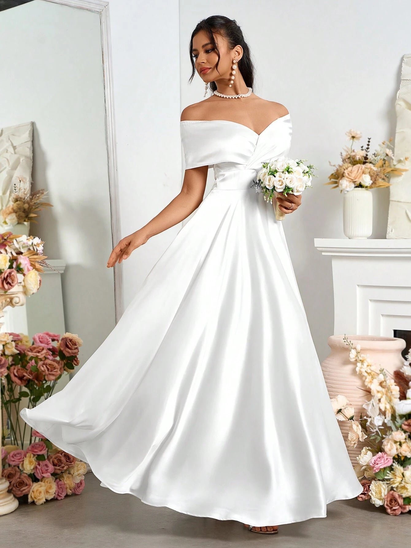Belle Elegant Open Shoulder Satin A-Line Wedding Dress White Bridal Dress For Holiday Party Clothes - image 3