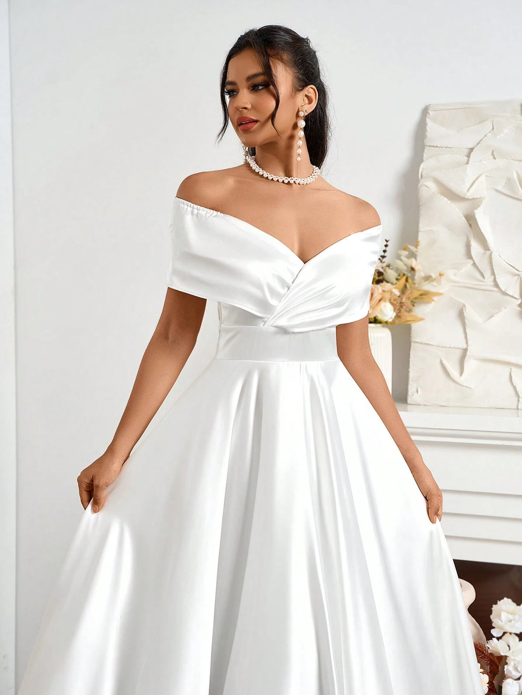 Belle Elegant Open Shoulder Satin A-Line Wedding Dress White Bridal Dress For Holiday Party Clothes - image 4