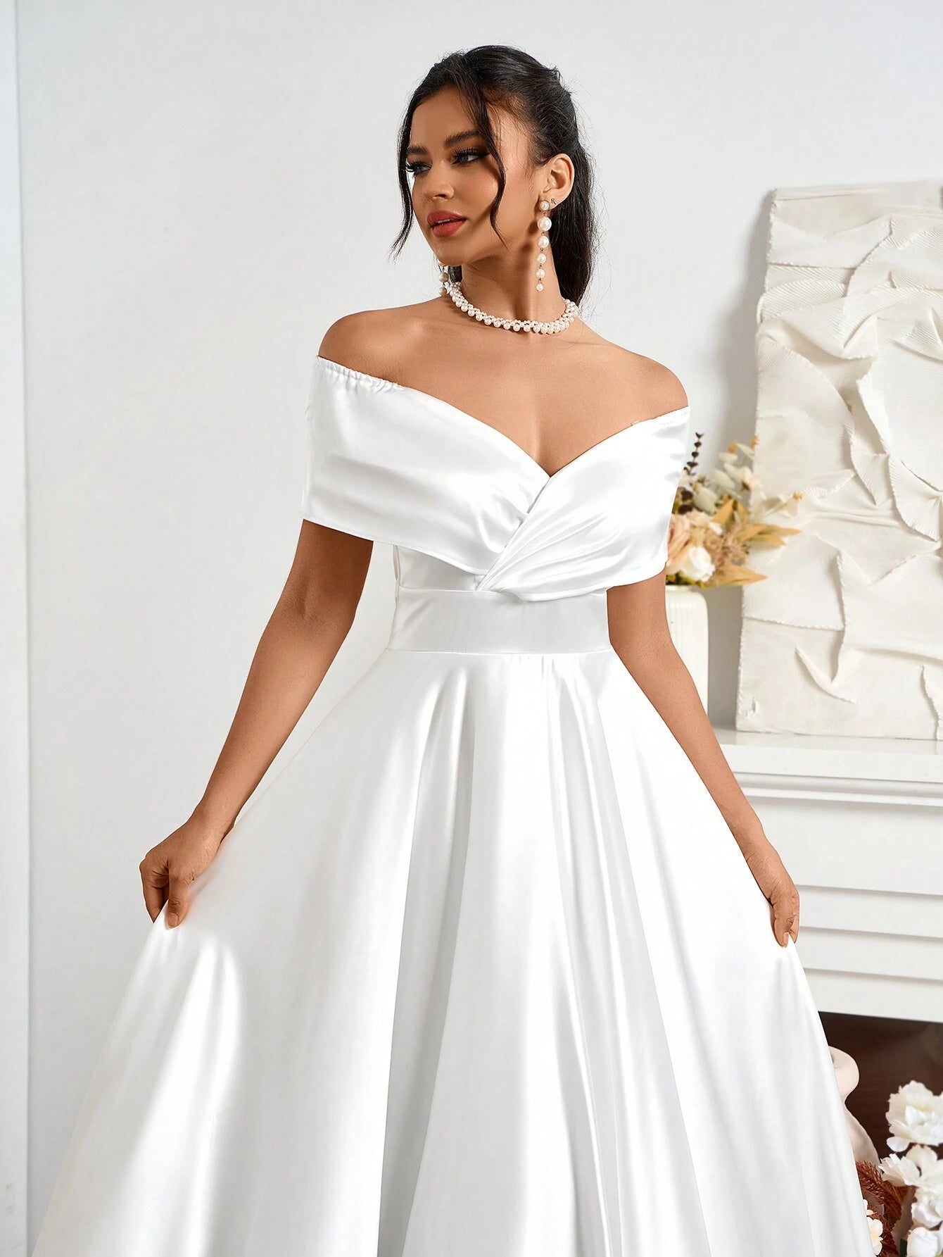 Belle Elegant Open Shoulder Satin A-Line Wedding Dress White Bridal Dress For Holiday Party Clothes - image 4