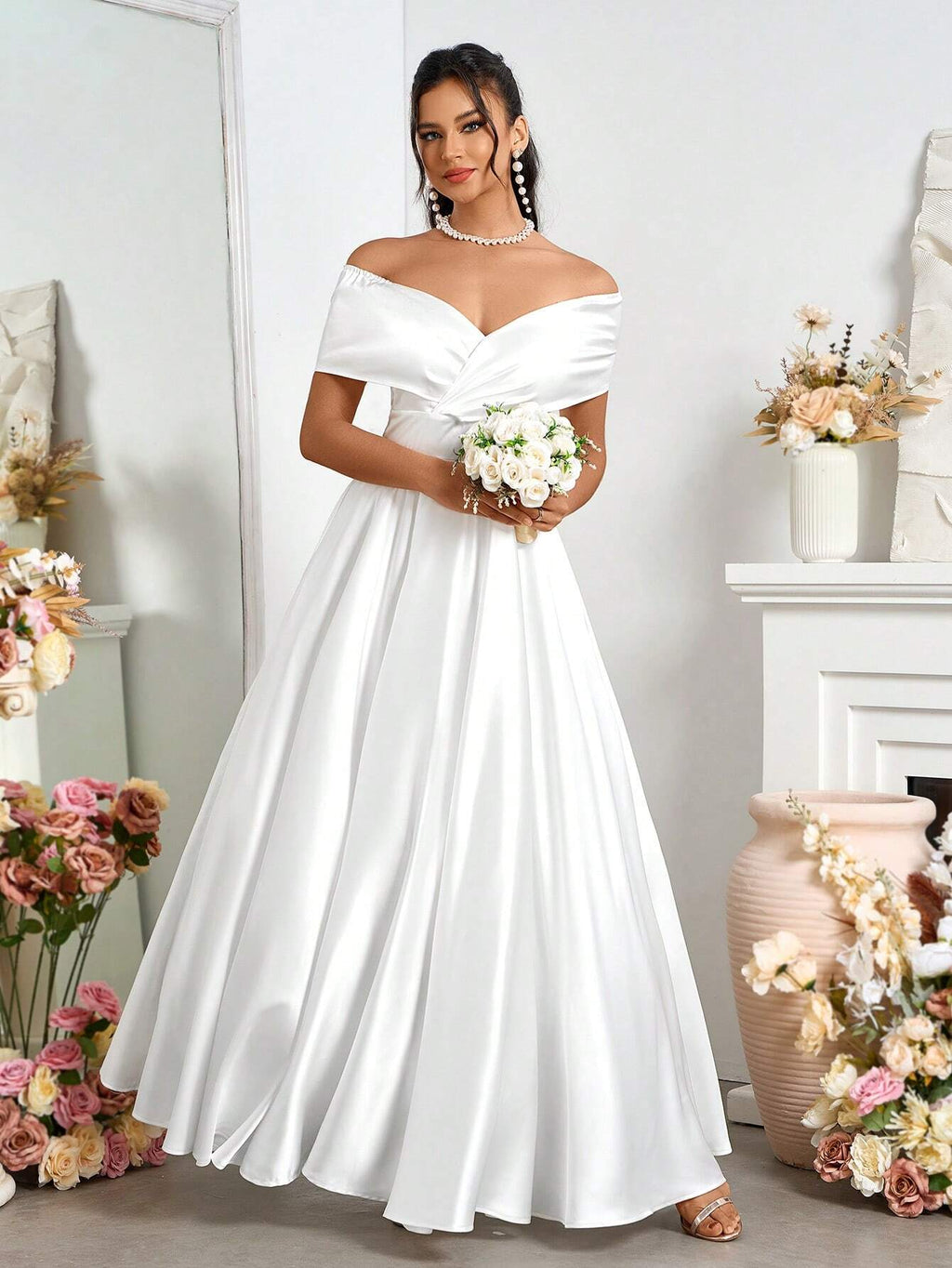 Belle Elegant Open Shoulder Satin A-Line Wedding Dress White Bridal Dress For Holiday Party Clothes - image 5