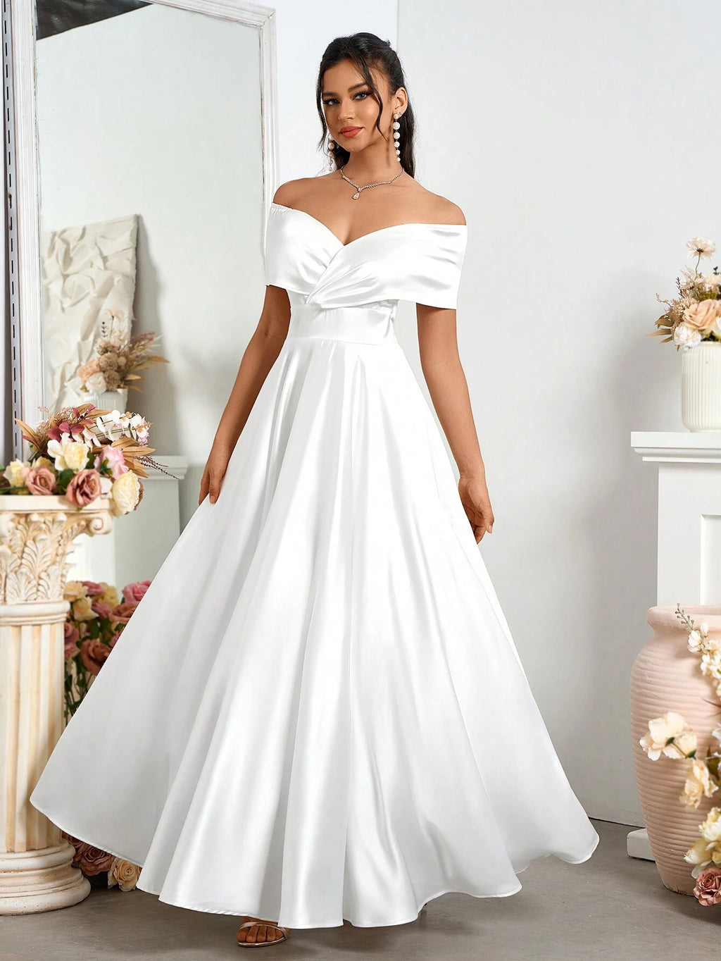 Belle Elegant Open Shoulder Satin A-Line Wedding Dress White Bridal Dress For Holiday Party Clothes - image 6