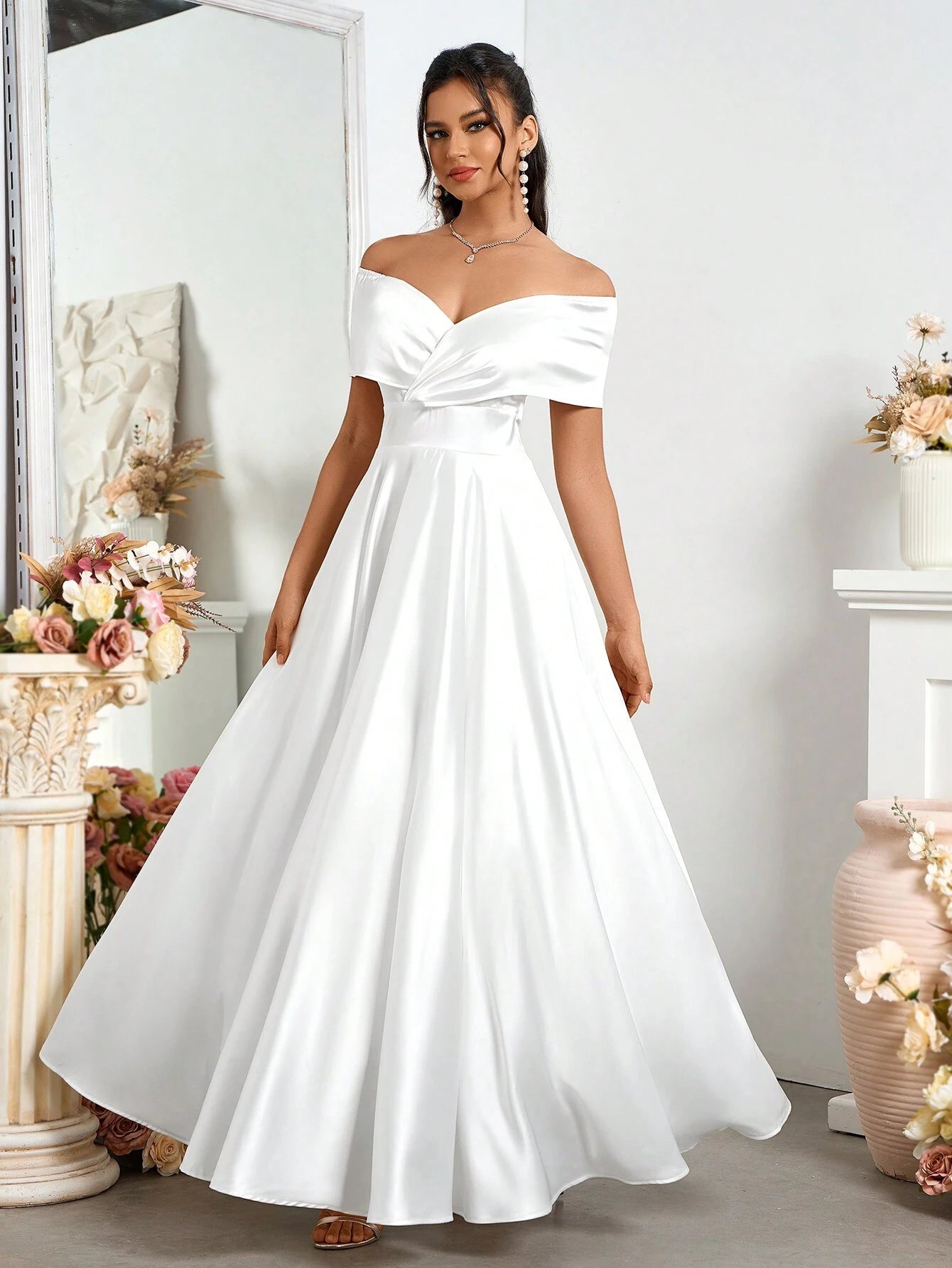 Belle Elegant Open Shoulder Satin A-Line Wedding Dress White Bridal Dress For Holiday Party Clothes - image 6