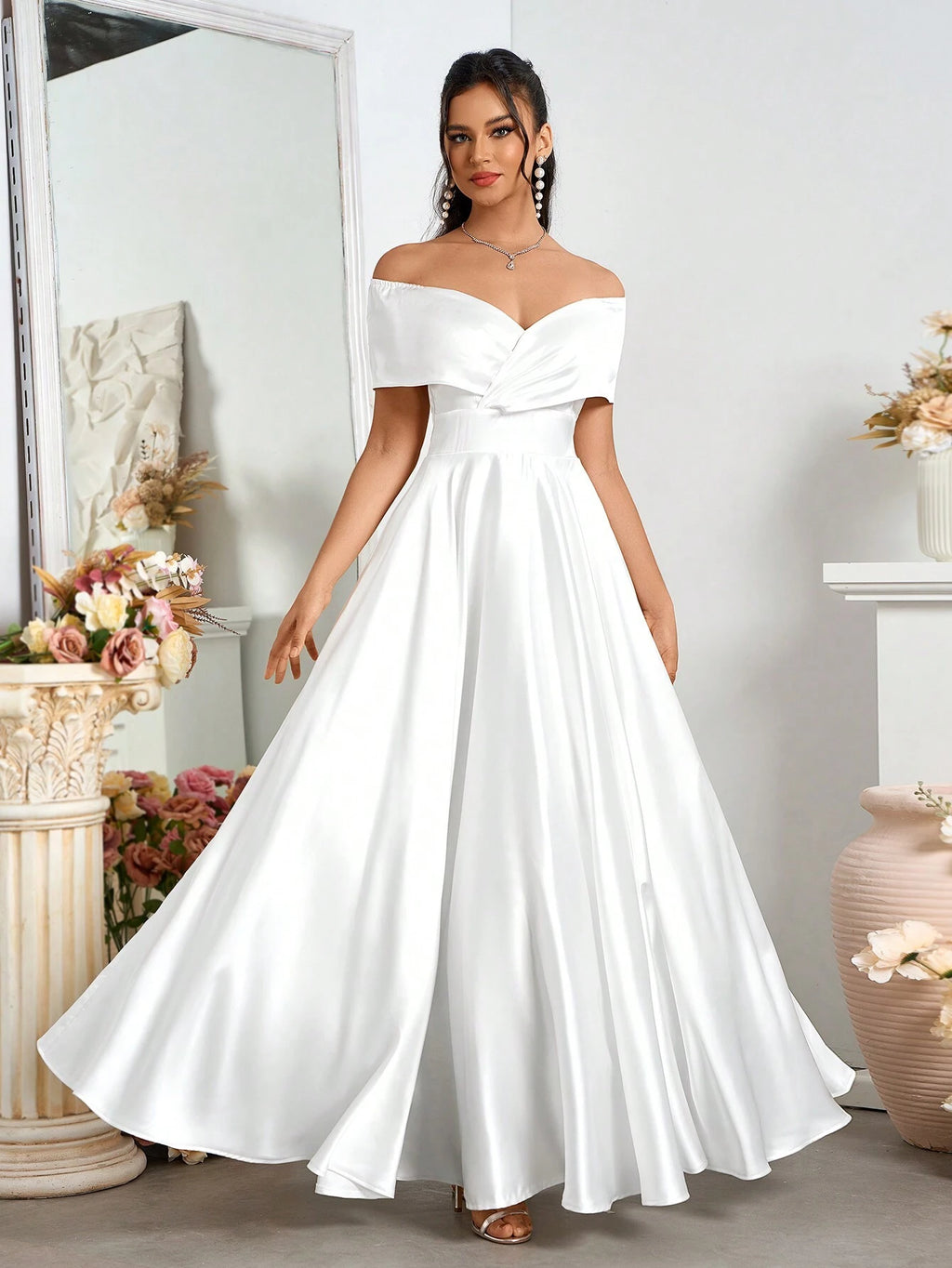 Belle Elegant Open Shoulder Satin A-Line Wedding Dress White Bridal Dress For Holiday Party Clothes - image 7