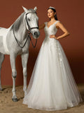 HEARBOBO Elegant Bohemian Style Long A-Line White Wedding Dress, Decorated With Appliques And Deep V-Neck,