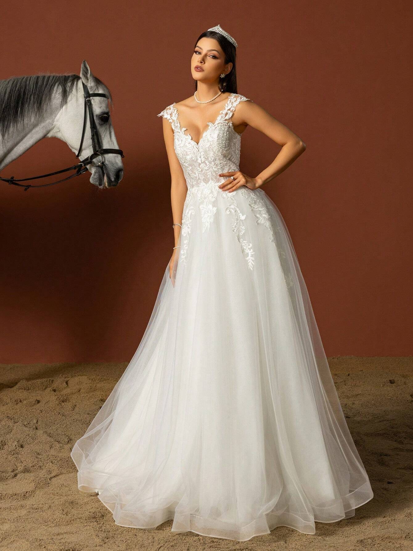 HEARBOBO Elegant Bohemian Style Long A-Line White Wedding Dress, Decorated With Appliques And Deep V-Neck, - image 3