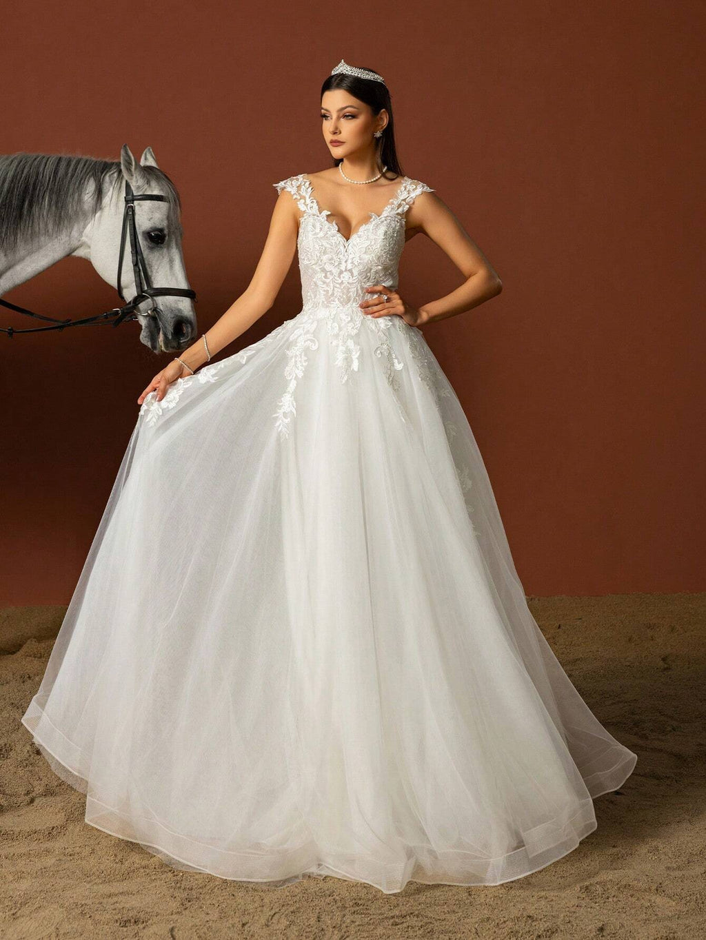 HEARBOBO Elegant Bohemian Style Long A-Line White Wedding Dress, Decorated With Appliques And Deep V-Neck, - image 4