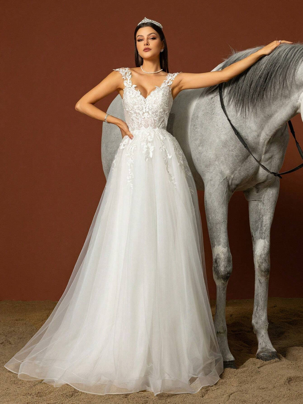 HEARBOBO Elegant Bohemian Style Long A-Line White Wedding Dress, Decorated With Appliques And Deep V-Neck, - image 5