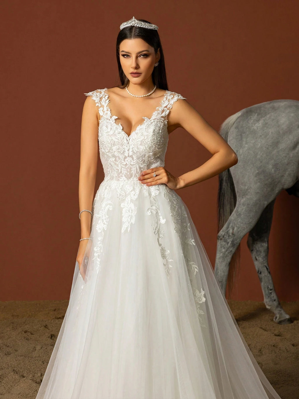 HEARBOBO Elegant Bohemian Style Long A-Line White Wedding Dress, Decorated With Appliques And Deep V-Neck, - image 6