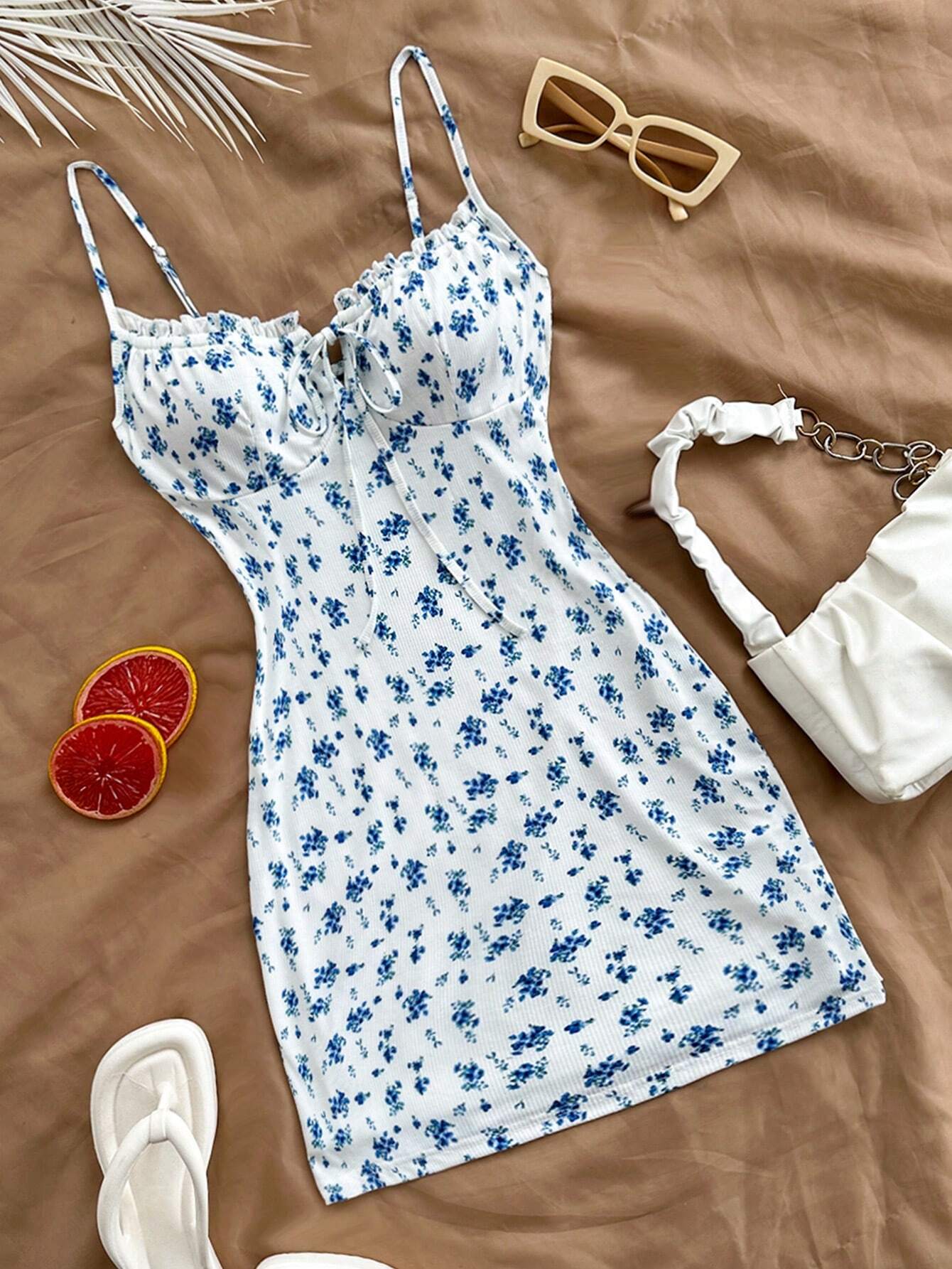 Soleia Blue & White Floral Knit Bodycon Drawstring Strap Romantic Casual Vacation Women's Curvy Short Dress - image 8