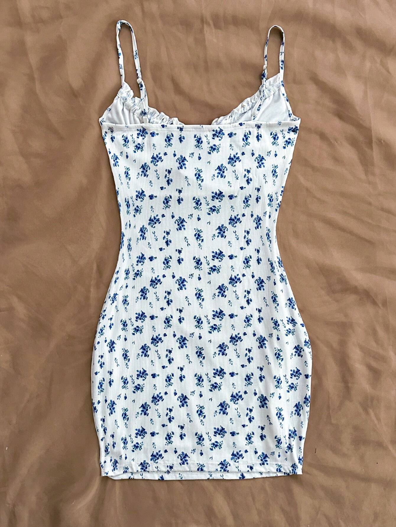 Soleia Blue & White Floral Knit Bodycon Drawstring Strap Romantic Casual Vacation Women's Curvy Short Dress - image 9