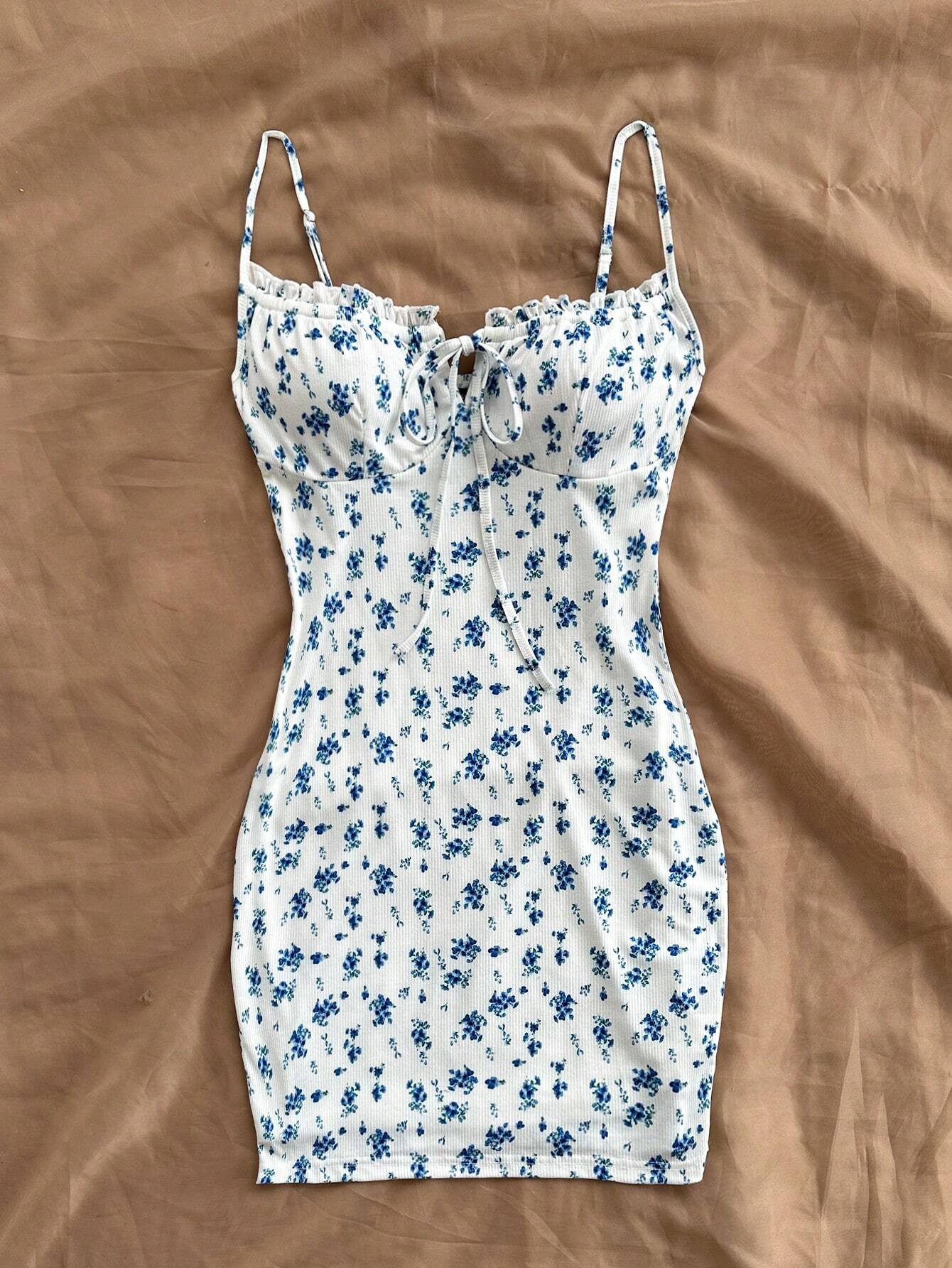 Soleia Blue & White Floral Knit Bodycon Drawstring Strap Romantic Casual Vacation Women's Curvy Short Dress - image 10