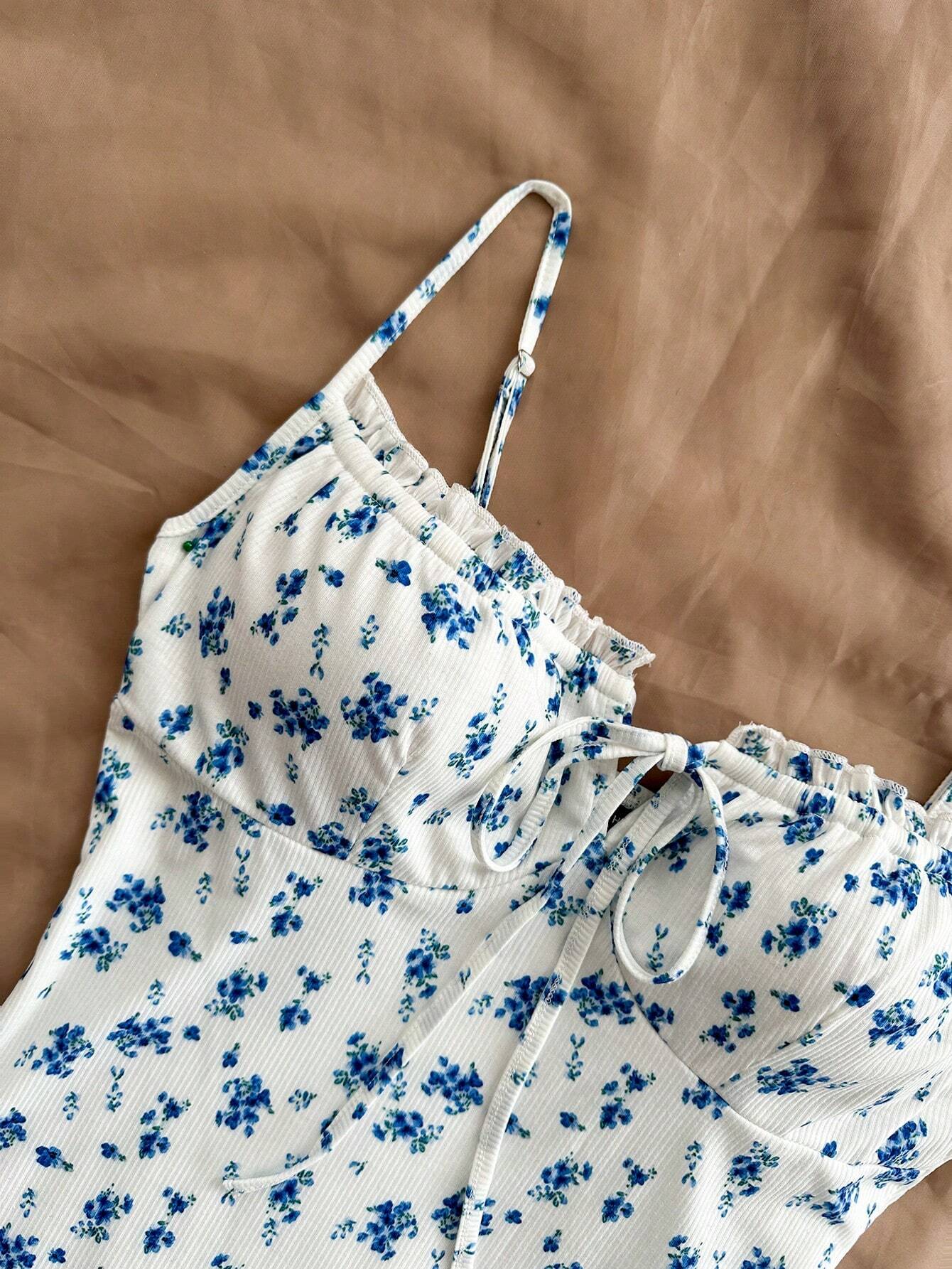 Soleia Blue & White Floral Knit Bodycon Drawstring Strap Romantic Casual Vacation Women's Curvy Short Dress - image 12