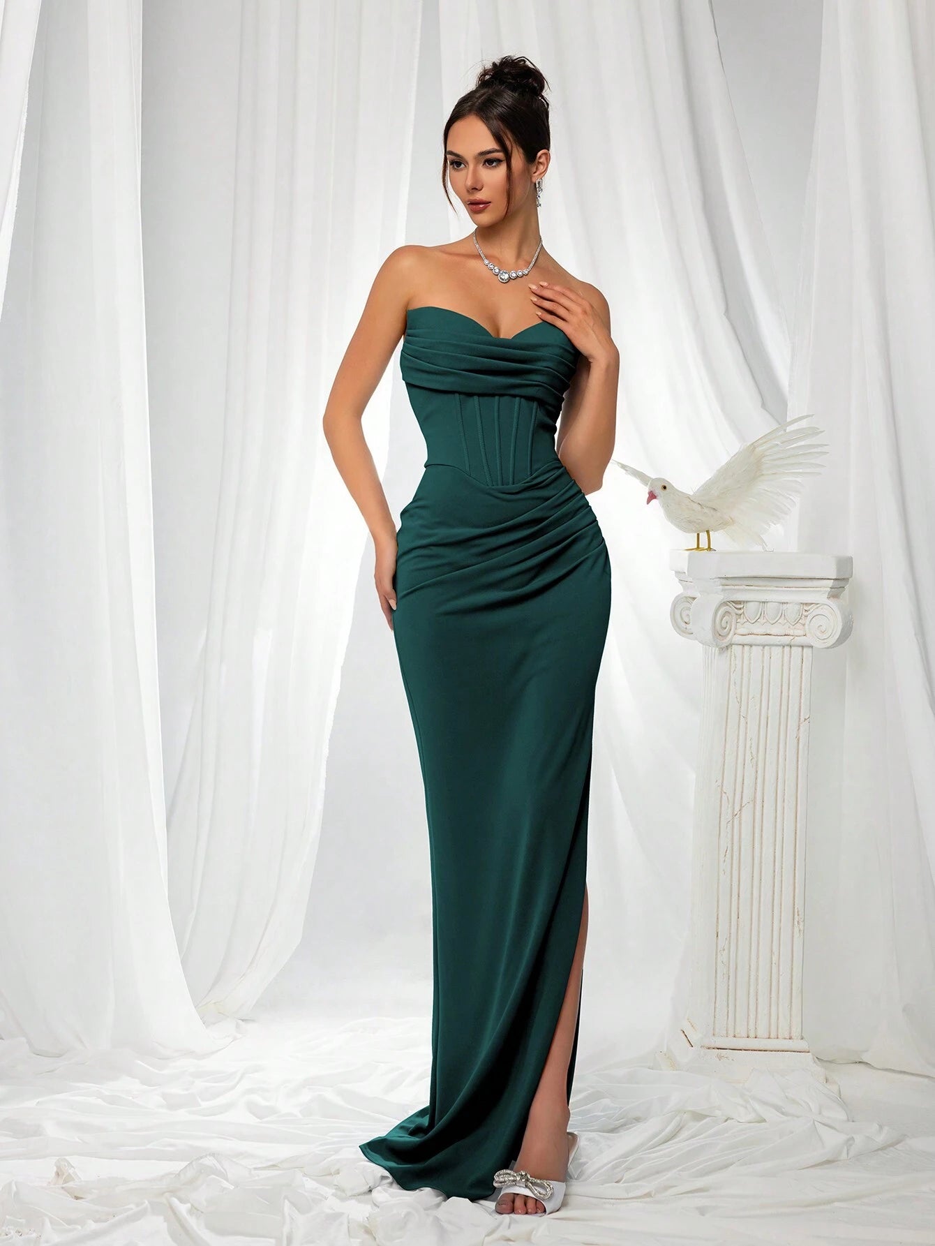 VIPGIRL Elegant Bridesmaid Dress: Strapless Fitted Satin Dress, Paired With Waist-Cinching Top And Draped - image 2