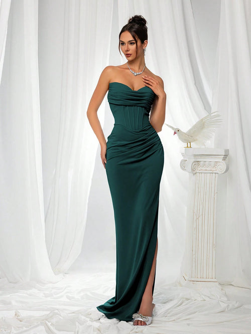 VIPGIRL Elegant Bridesmaid Dress: Strapless Fitted Satin Dress, Paired With Waist-Cinching Top And Draped - image 2