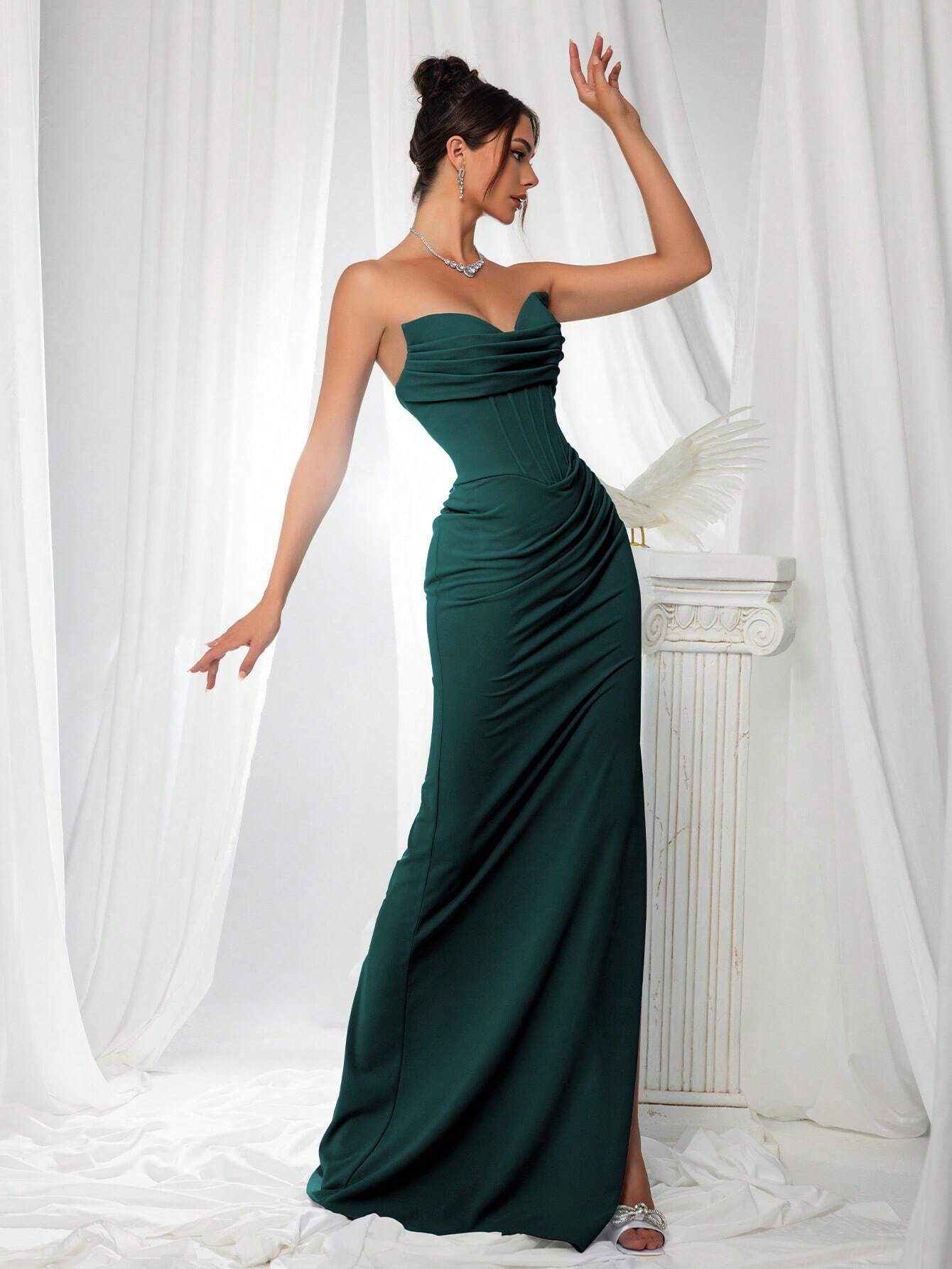 VIPGIRL Elegant Bridesmaid Dress: Strapless Fitted Satin Dress,
