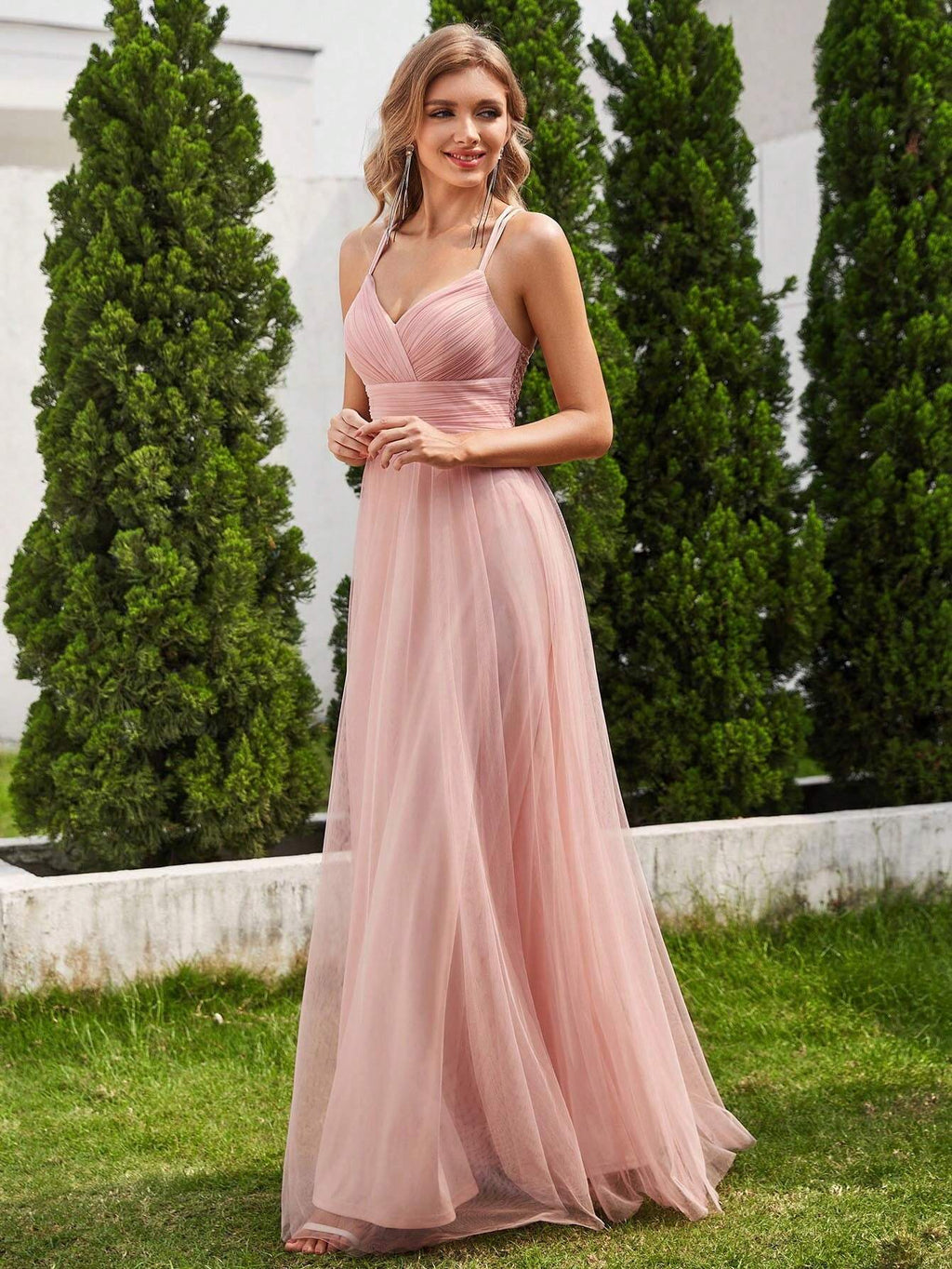 EVERPRETTY Elegant Lace Contrast Mesh Backless Pink Bridesmaid Dress, Suitable For Spring/Summer Weddings, - image 3