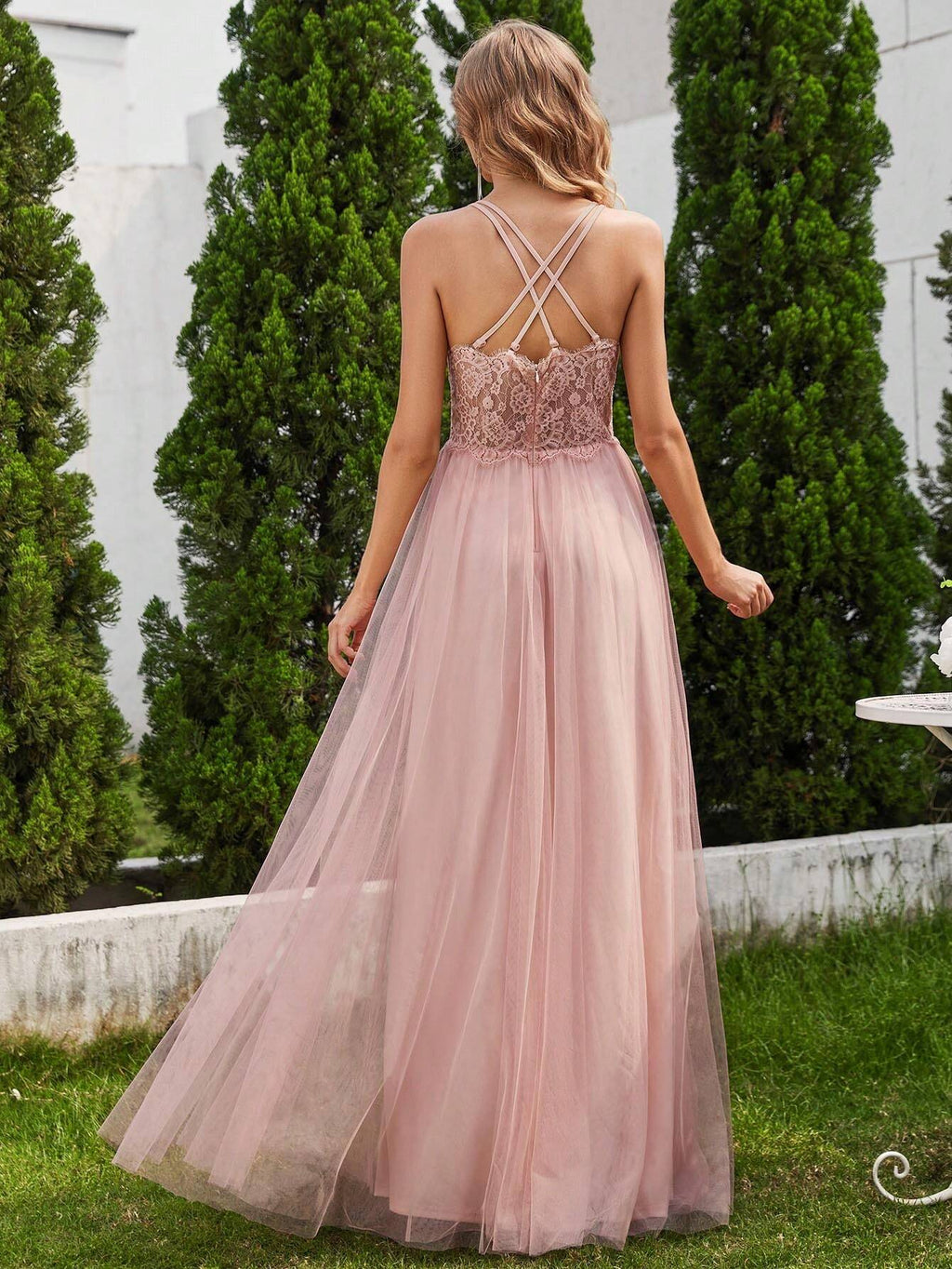 EVERPRETTY Elegant Lace Contrast Mesh Backless Pink Bridesmaid Dress, Suitable For Spring/Summer Weddings, - image 2