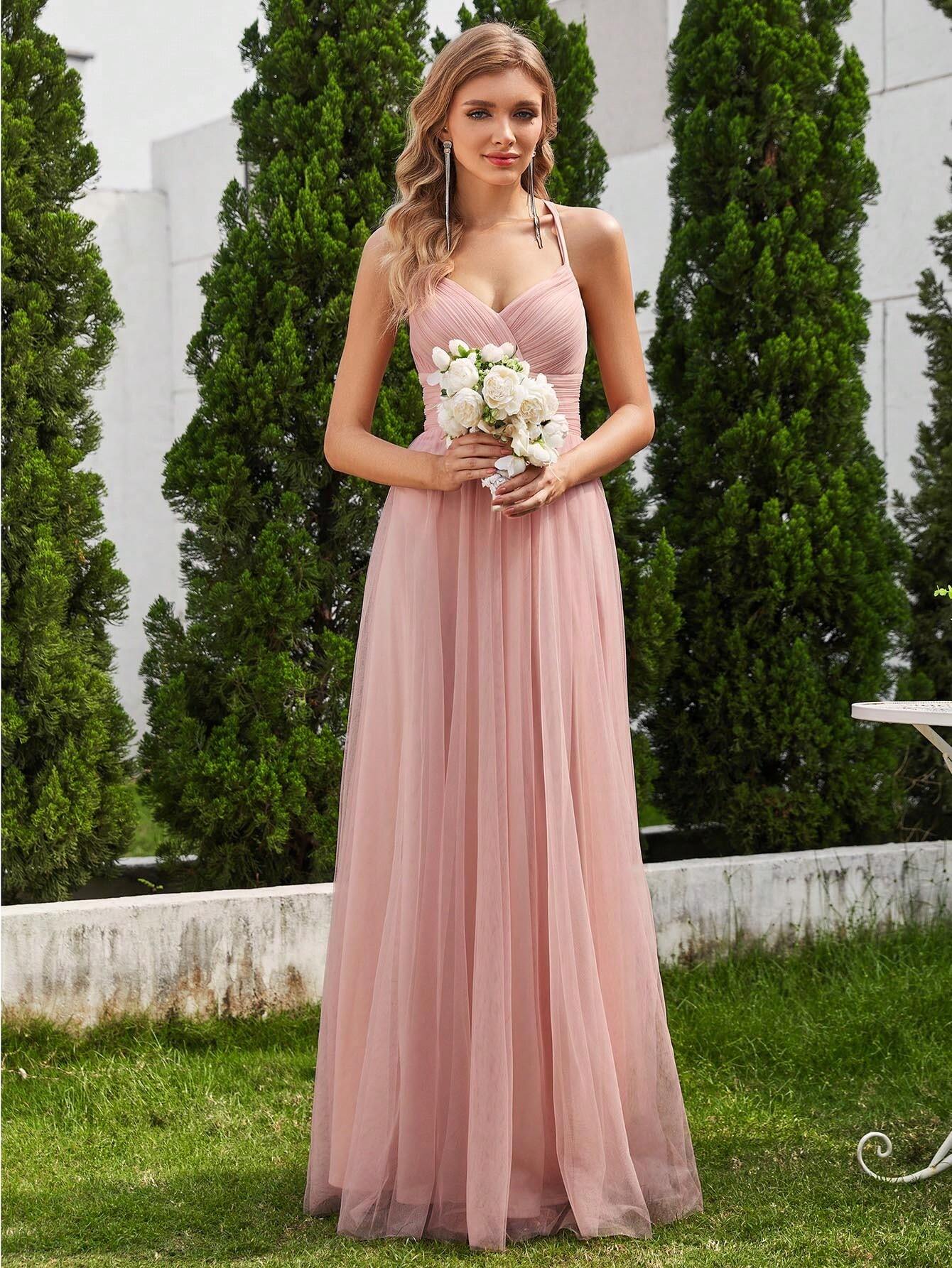 EVERPRETTY Elegant Lace Contrast Mesh Backless Pink Bridesmaid Dress, Suitable For Spring/Summer Weddings, - image 4