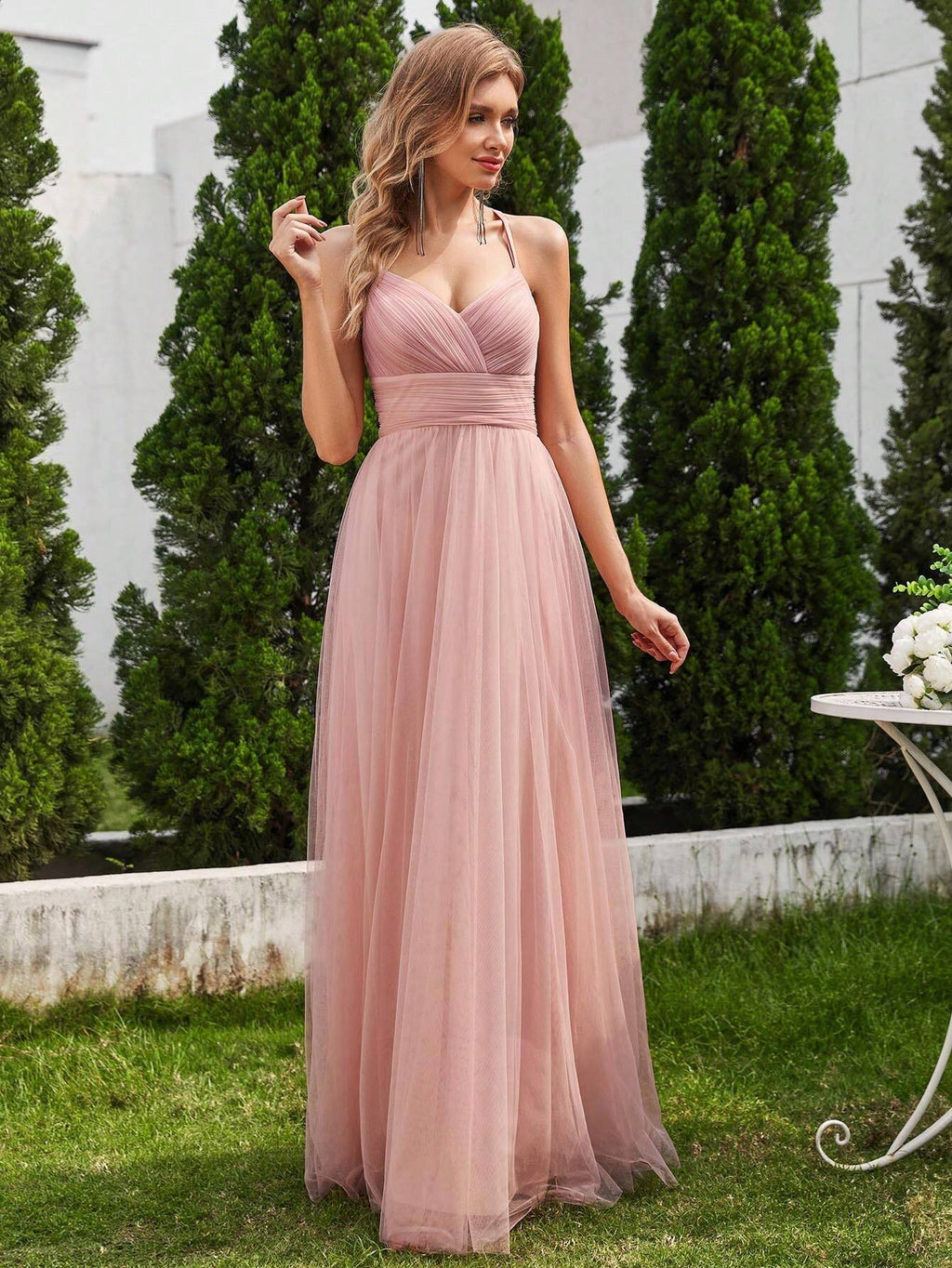 EVERPRETTY Elegant Lace Contrast Mesh Backless Pink Bridesmaid Dress, Suitable For Spring/Summer Weddings, - image 6