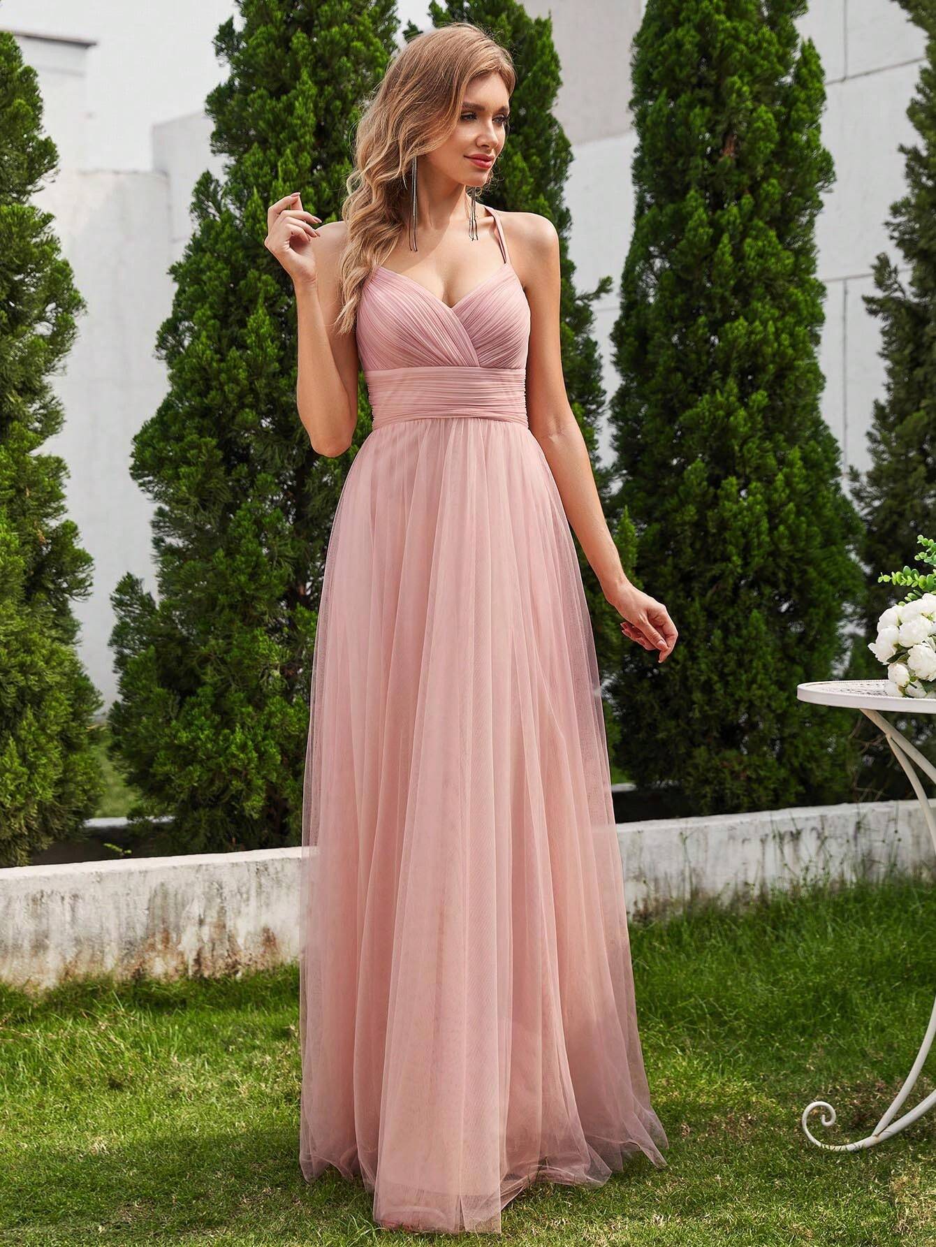 EVERPRETTY Elegant Lace Contrast Mesh Backless Pink Bridesmaid Dress, Suitable For Spring/Summer Weddings, - image 6