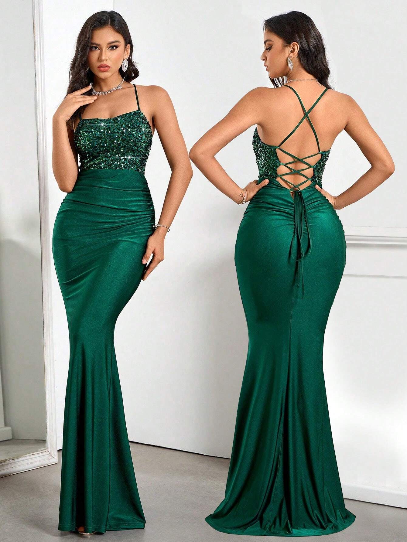 Belle Elegant,Grey,Summer,Dining Royal Blue Sequined Backless Satin