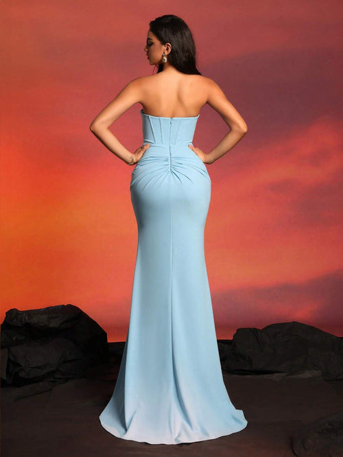 Blue Strapless Pleated High Waist Slit Women's Evening Dress Gown Elegant Bridesmaid Dress - image 2