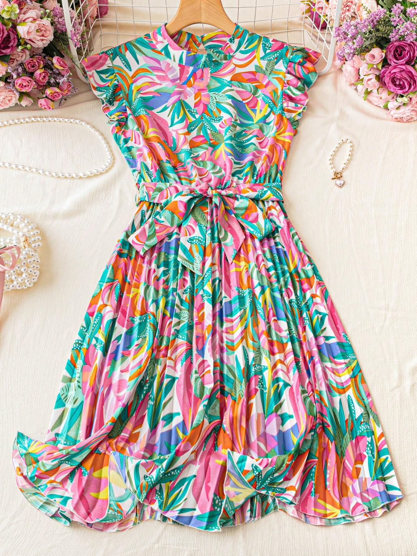 Franclia Leopard Print Ruched Waist Stand Collar Vacation Dress